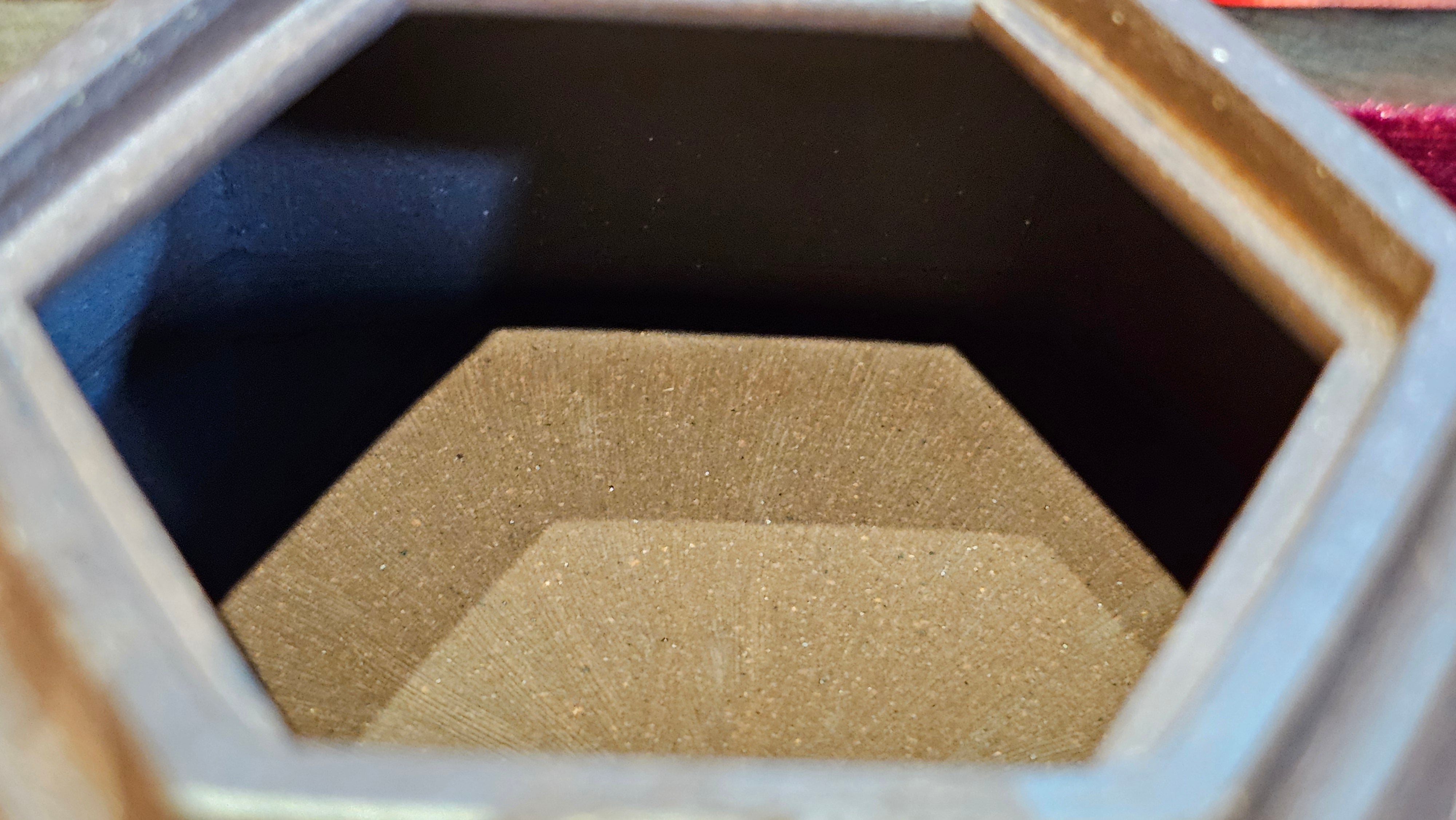 《六方半月》"Liu Fang Ban Yue", 290.1ml, "一饮涤昏寐，情思爽朗满天地" and Lotus Flower nengraving, Di Cao Qing Zi Ni 底槽青紫泥, by L2A Senior Consummate Artist Yuan Hui 袁辉 ~ Congratulations!to Ms M.L., 0732hrs 6th Sept 2025, Phoenix, AZ!