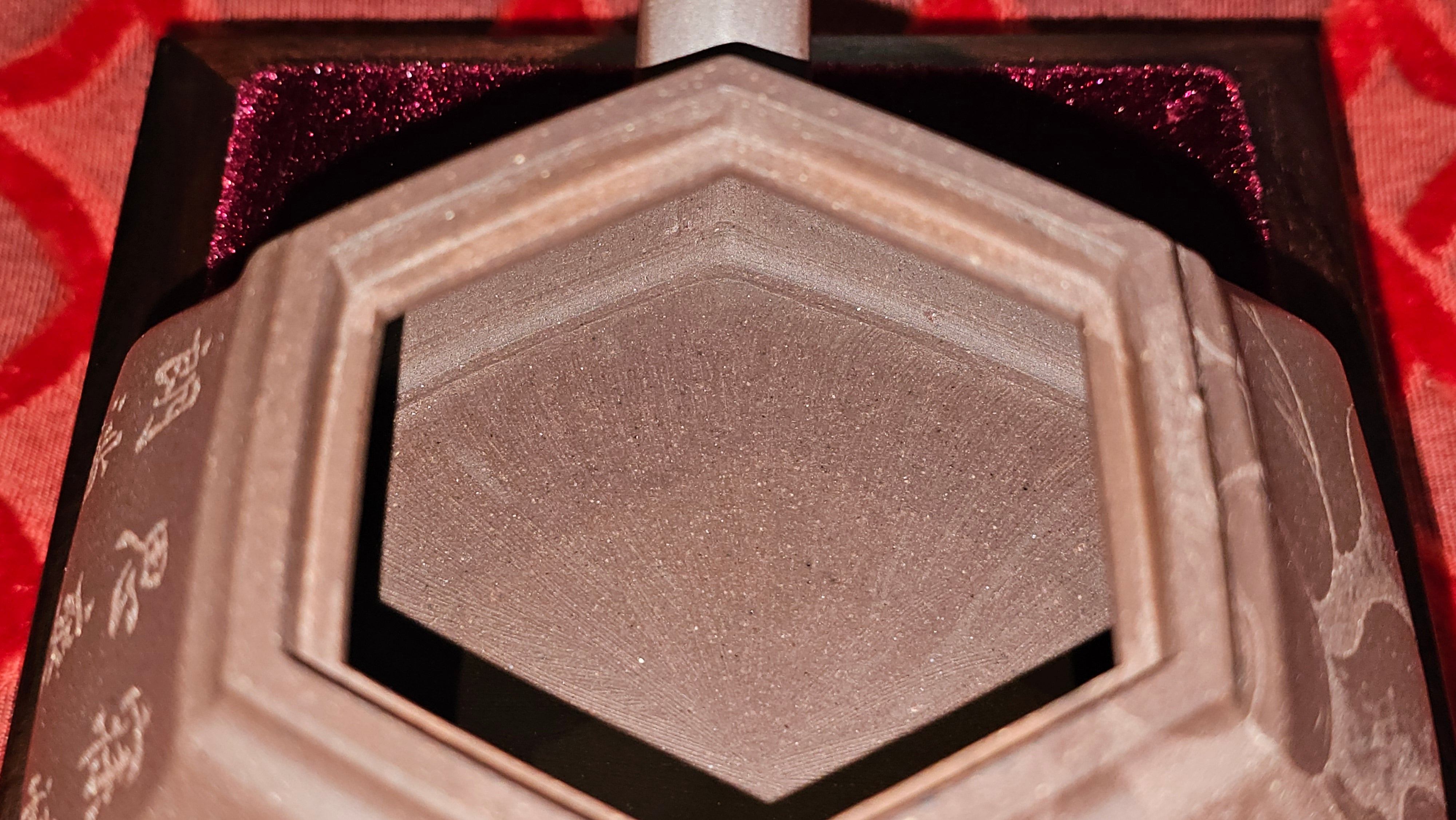 《六方半月》"Liu Fang Ban Yue", 290.1ml, "一饮涤昏寐，情思爽朗满天地" and Lotus Flower nengraving, Di Cao Qing Zi Ni 底槽青紫泥, by L2A Senior Consummate Artist Yuan Hui 袁辉 ~ Congratulations!to Ms M.L., 0732hrs 6th Sept 2025, Phoenix, AZ!