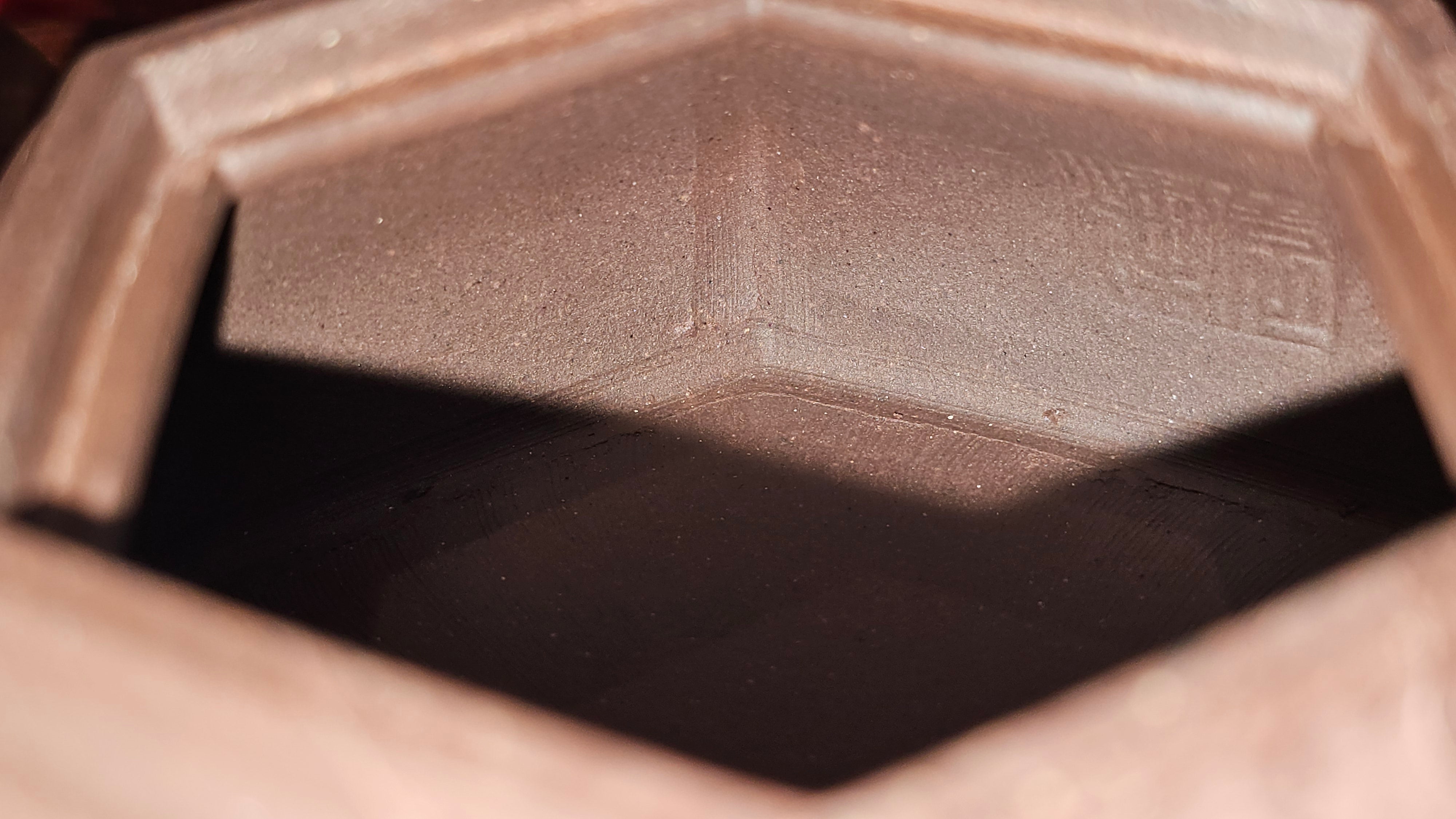 《六方半月》"Liu Fang Ban Yue", 290.1ml, "一饮涤昏寐，情思爽朗满天地" and Lotus Flower nengraving, Di Cao Qing Zi Ni 底槽青紫泥, by L2A Senior Consummate Artist Yuan Hui 袁辉 ~ Congratulations!to Ms M.L., 0732hrs 6th Sept 2025, Phoenix, AZ!