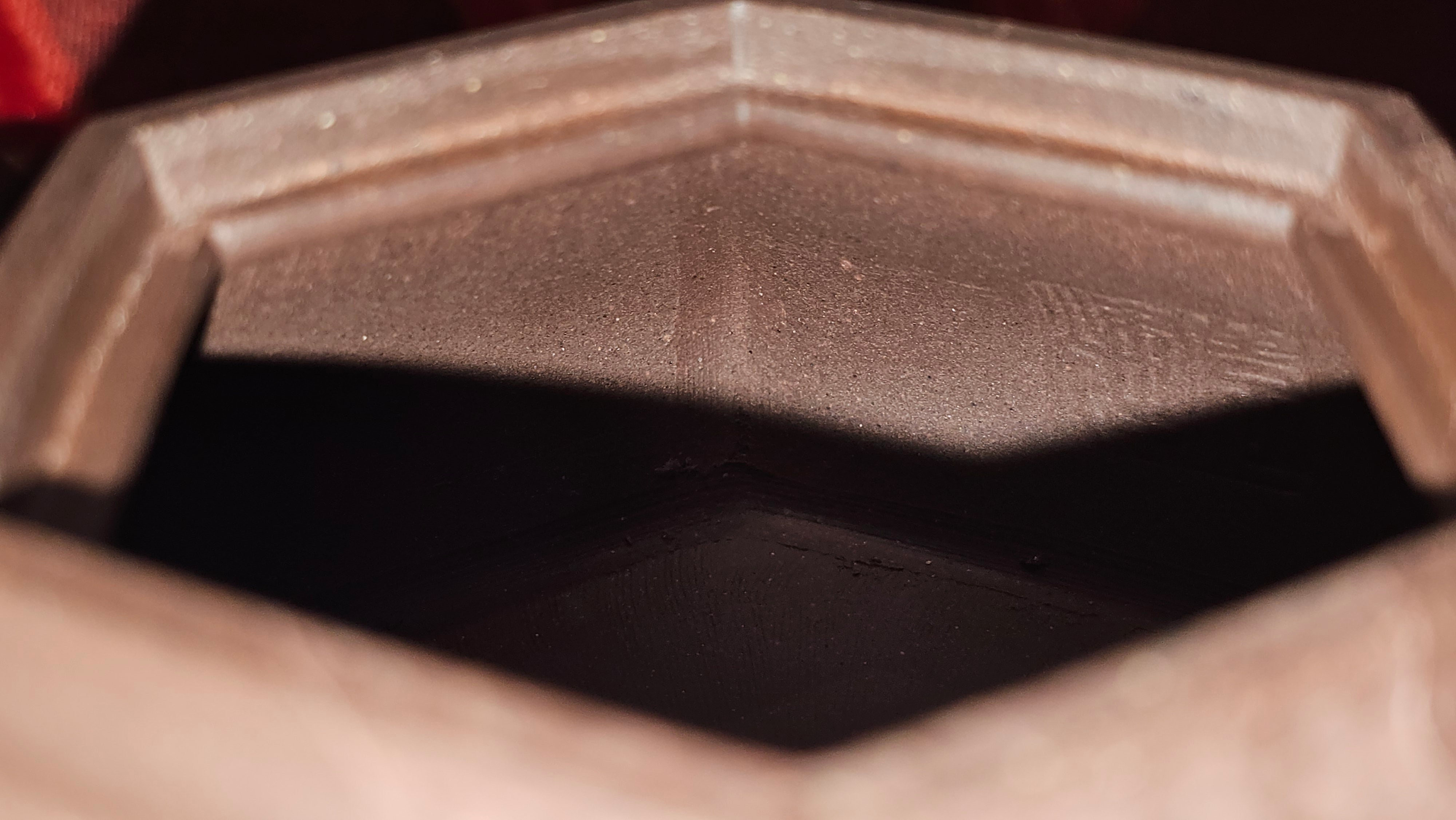 《六方半月》"Liu Fang Ban Yue", 290.1ml, "一饮涤昏寐，情思爽朗满天地" and Lotus Flower nengraving, Di Cao Qing Zi Ni 底槽青紫泥, by L2A Senior Consummate Artist Yuan Hui 袁辉 ~ Congratulations!to Ms M.L., 0732hrs 6th Sept 2025, Phoenix, AZ!