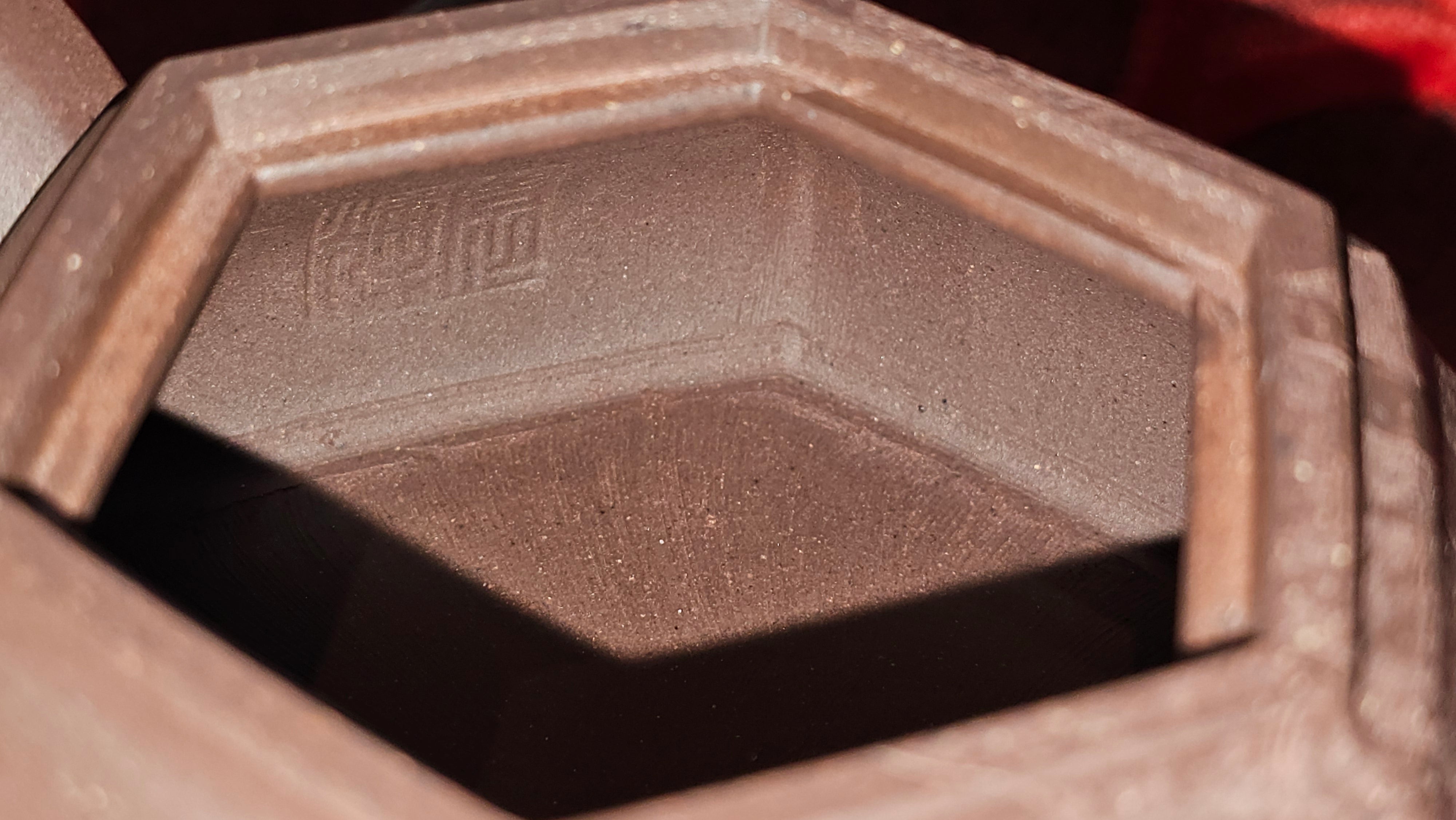 《六方半月》"Liu Fang Ban Yue", 290.1ml, "一饮涤昏寐，情思爽朗满天地" and Lotus Flower nengraving, Di Cao Qing Zi Ni 底槽青紫泥, by L2A Senior Consummate Artist Yuan Hui 袁辉 ~ Congratulations!to Ms M.L., 0732hrs 6th Sept 2025, Phoenix, AZ!