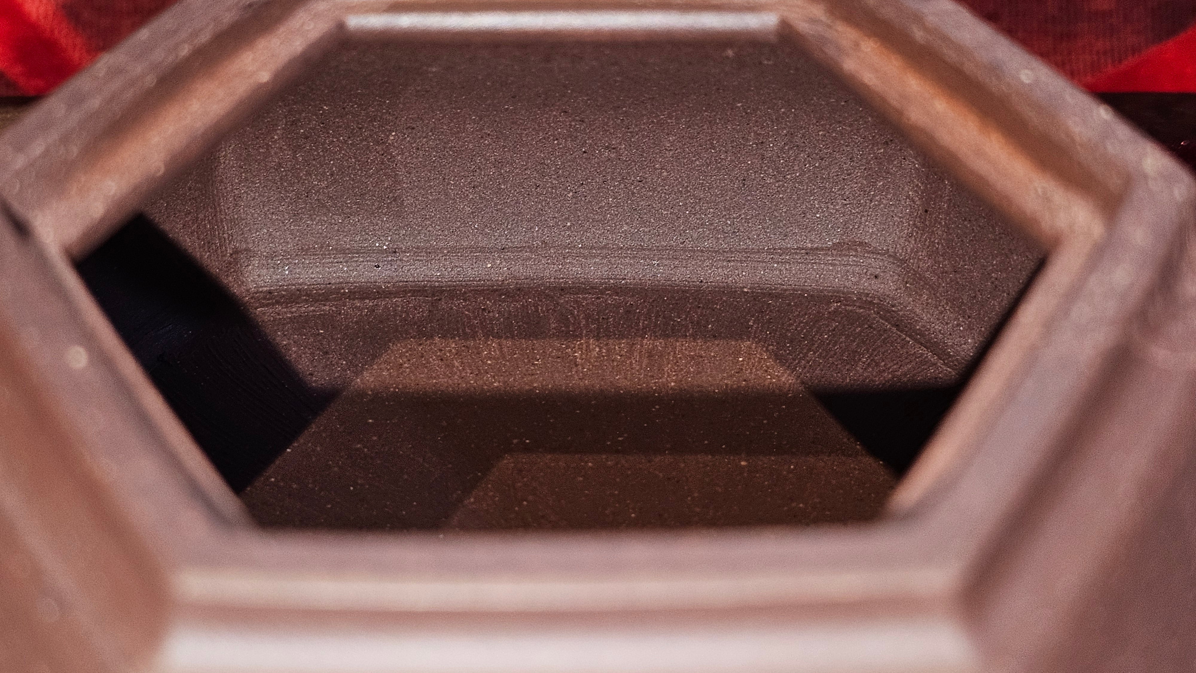 《六方半月》"Liu Fang Ban Yue", 290.1ml, "一饮涤昏寐，情思爽朗满天地" and Lotus Flower nengraving, Di Cao Qing Zi Ni 底槽青紫泥, by L2A Senior Consummate Artist Yuan Hui 袁辉 ~ Congratulations!to Ms M.L., 0732hrs 6th Sept 2025, Phoenix, AZ!