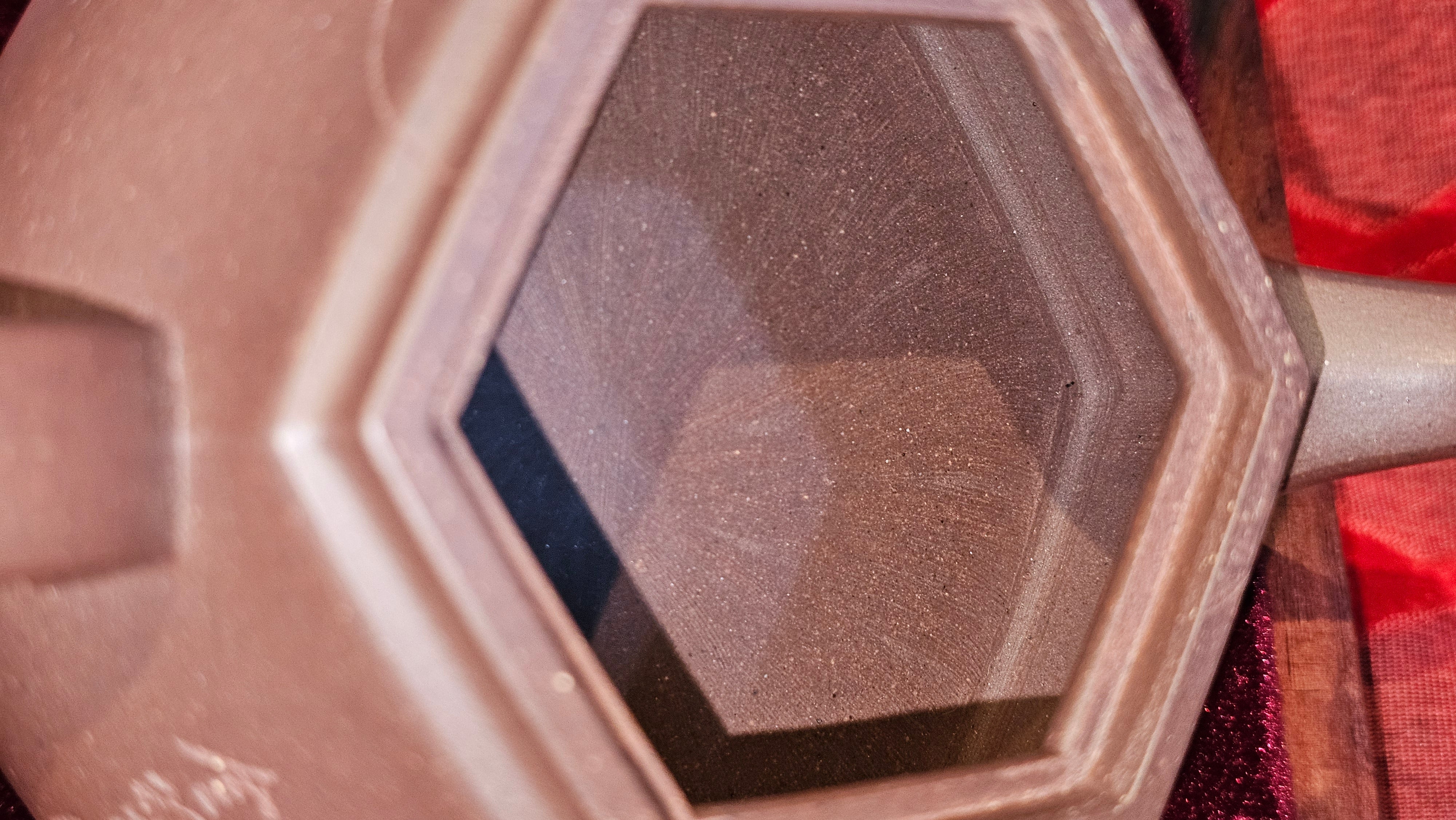 《六方半月》"Liu Fang Ban Yue", 290.1ml, "一饮涤昏寐，情思爽朗满天地" and Lotus Flower nengraving, Di Cao Qing Zi Ni 底槽青紫泥, by L2A Senior Consummate Artist Yuan Hui 袁辉 ~ Congratulations!to Ms M.L., 0732hrs 6th Sept 2025, Phoenix, AZ!