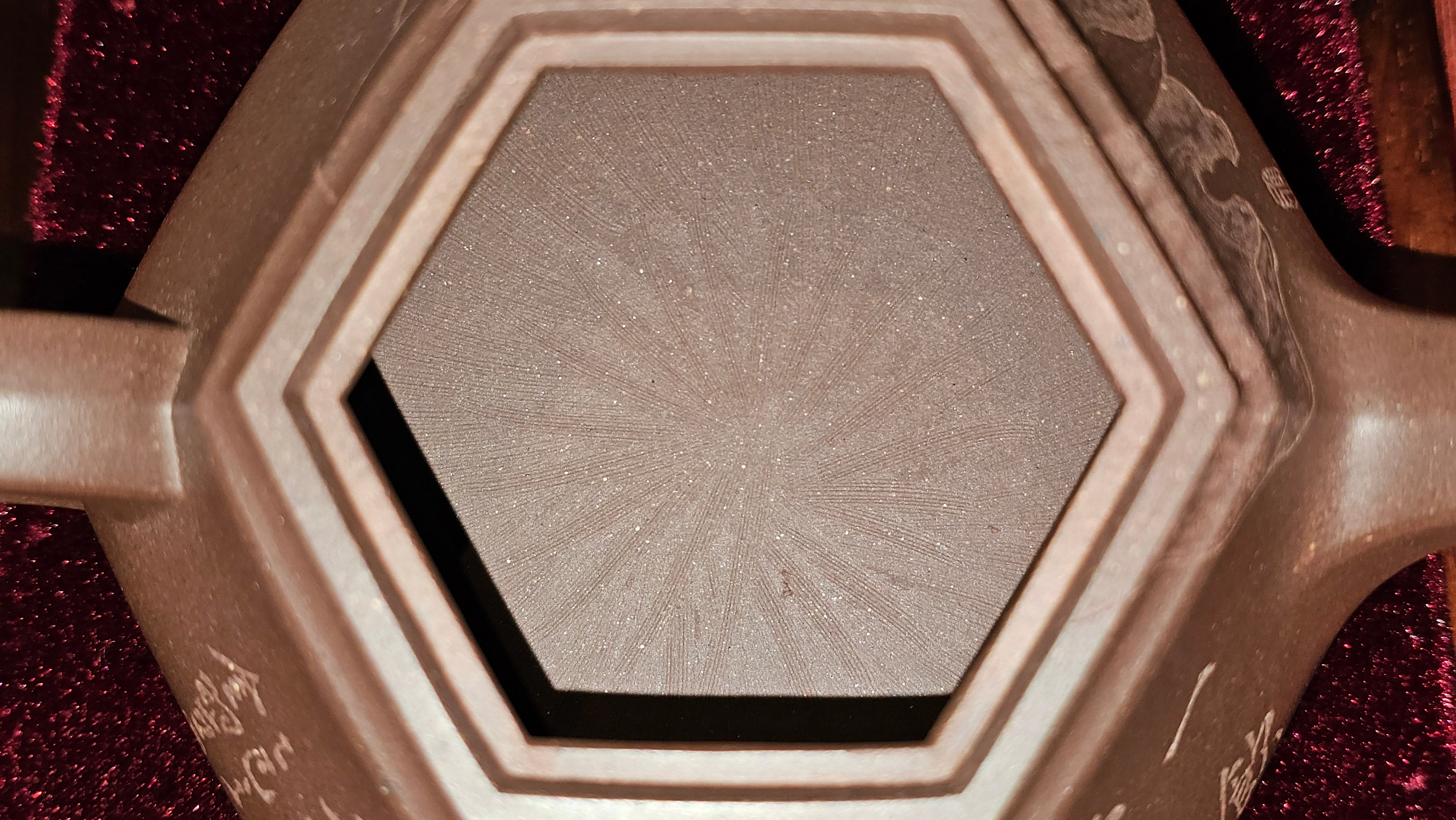 《六方半月》"Liu Fang Ban Yue", 290.1ml, "一饮涤昏寐，情思爽朗满天地" and Lotus Flower nengraving, Di Cao Qing Zi Ni 底槽青紫泥, by L2A Senior Consummate Artist Yuan Hui 袁辉 ~ Congratulations!to Ms M.L., 0732hrs 6th Sept 2025, Phoenix, AZ!