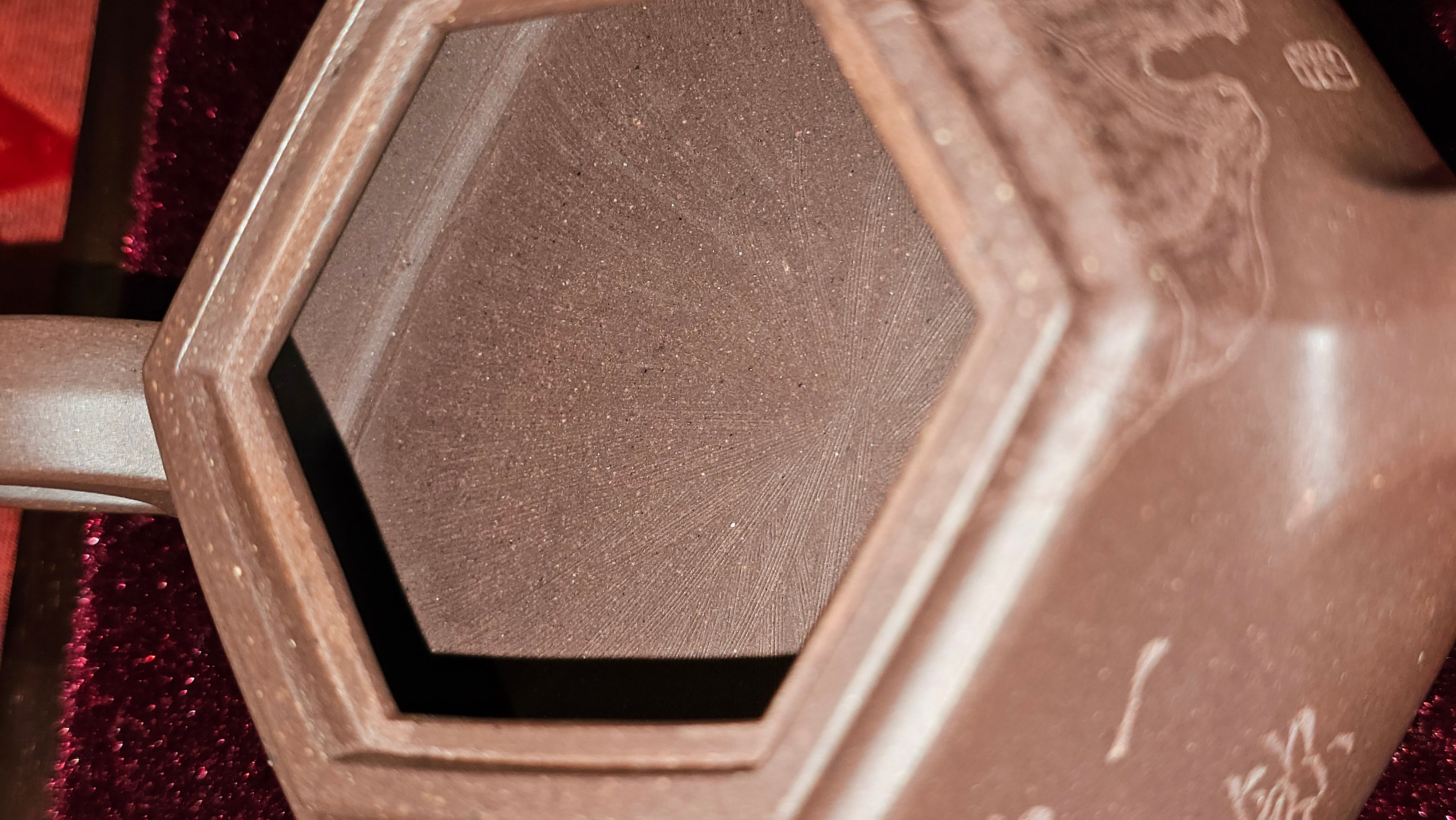 《六方半月》"Liu Fang Ban Yue", 290.1ml, "一饮涤昏寐，情思爽朗满天地" and Lotus Flower nengraving, Di Cao Qing Zi Ni 底槽青紫泥, by L2A Senior Consummate Artist Yuan Hui 袁辉 ~ Congratulations!to Ms M.L., 0732hrs 6th Sept 2025, Phoenix, AZ!