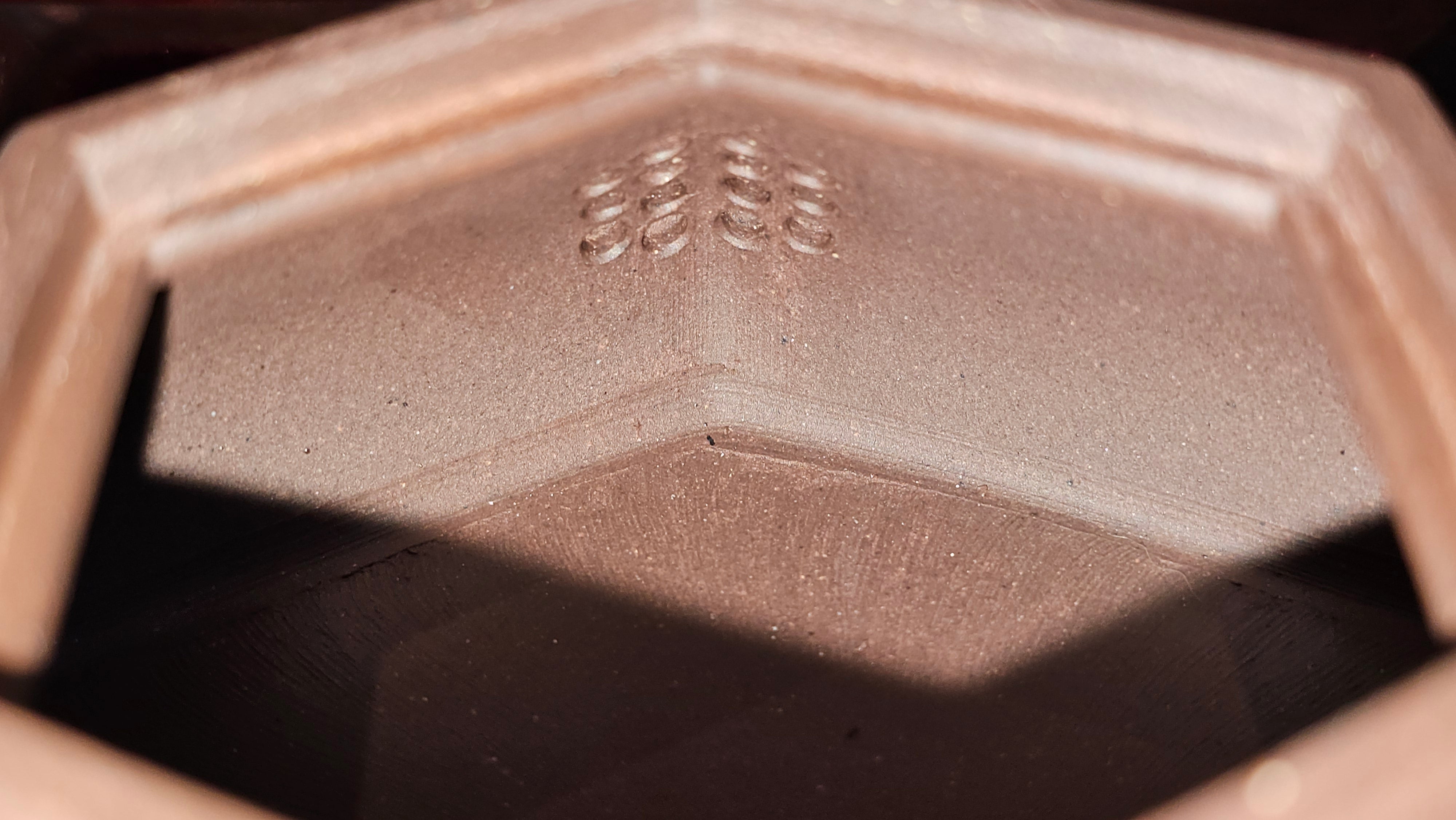 《六方半月》"Liu Fang Ban Yue", 290.1ml, "一饮涤昏寐，情思爽朗满天地" and Lotus Flower nengraving, Di Cao Qing Zi Ni 底槽青紫泥, by L2A Senior Consummate Artist Yuan Hui 袁辉 ~ Congratulations!to Ms M.L., 0732hrs 6th Sept 2025, Phoenix, AZ!