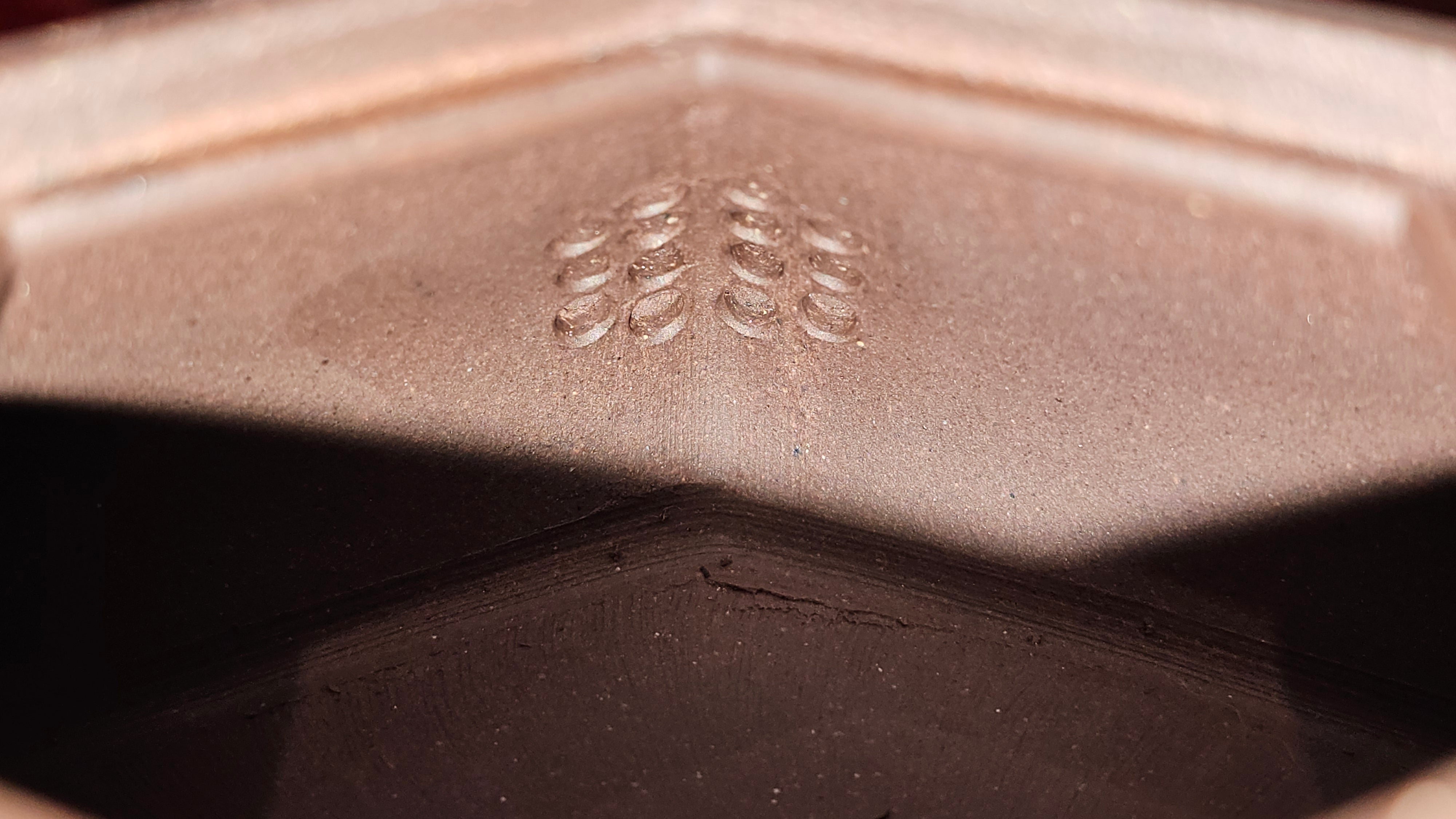 《六方半月》"Liu Fang Ban Yue", 290.1ml, "一饮涤昏寐，情思爽朗满天地" and Lotus Flower nengraving, Di Cao Qing Zi Ni 底槽青紫泥, by L2A Senior Consummate Artist Yuan Hui 袁辉 ~ Congratulations!to Ms M.L., 0732hrs 6th Sept 2025, Phoenix, AZ!