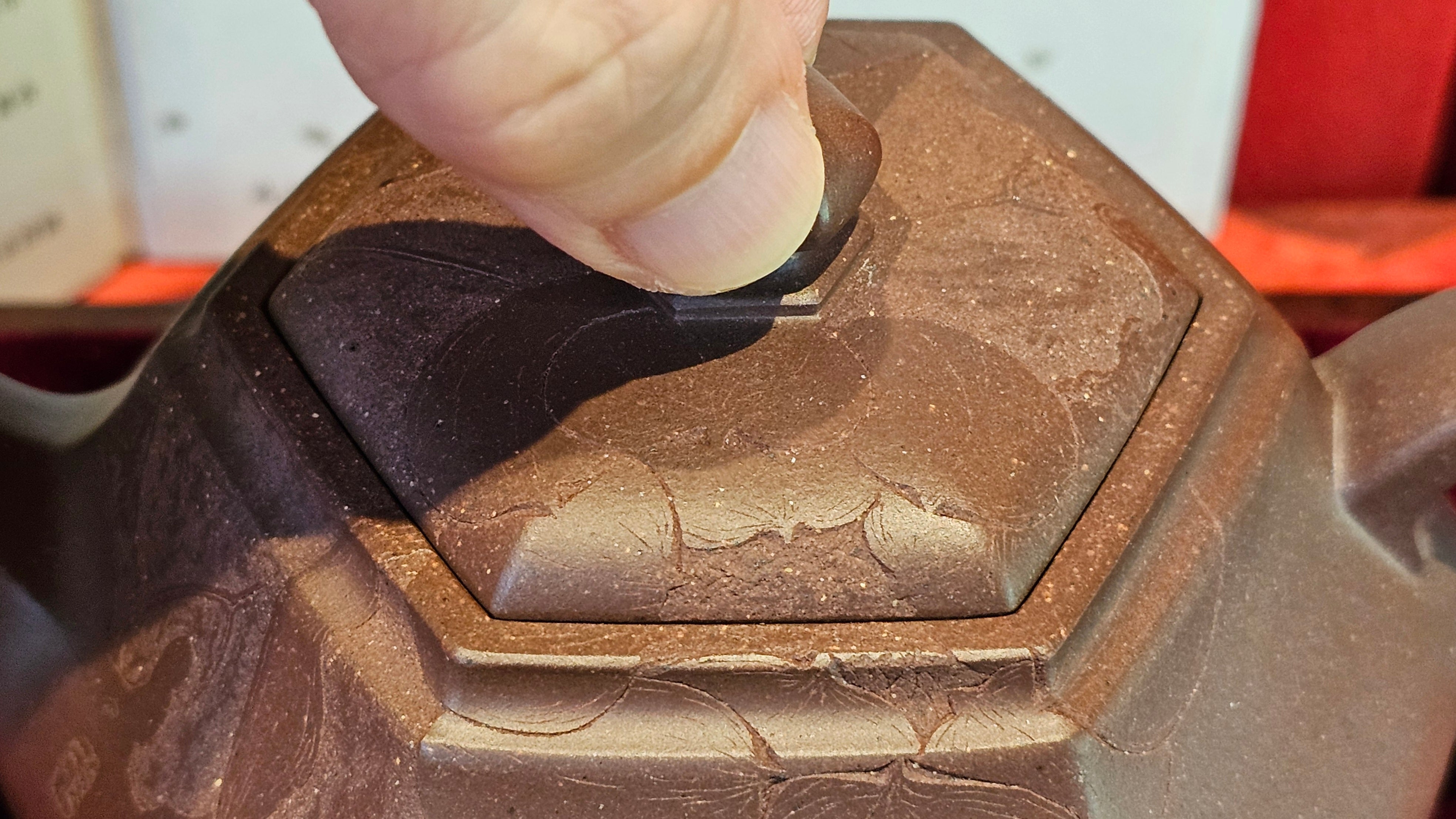 《六方半月》"Liu Fang Ban Yue", 290.1ml, "一饮涤昏寐，情思爽朗满天地" and Lotus Flower nengraving, Di Cao Qing Zi Ni 底槽青紫泥, by L2A Senior Consummate Artist Yuan Hui 袁辉 ~ Congratulations!to Ms M.L., 0732hrs 6th Sept 2025, Phoenix, AZ!