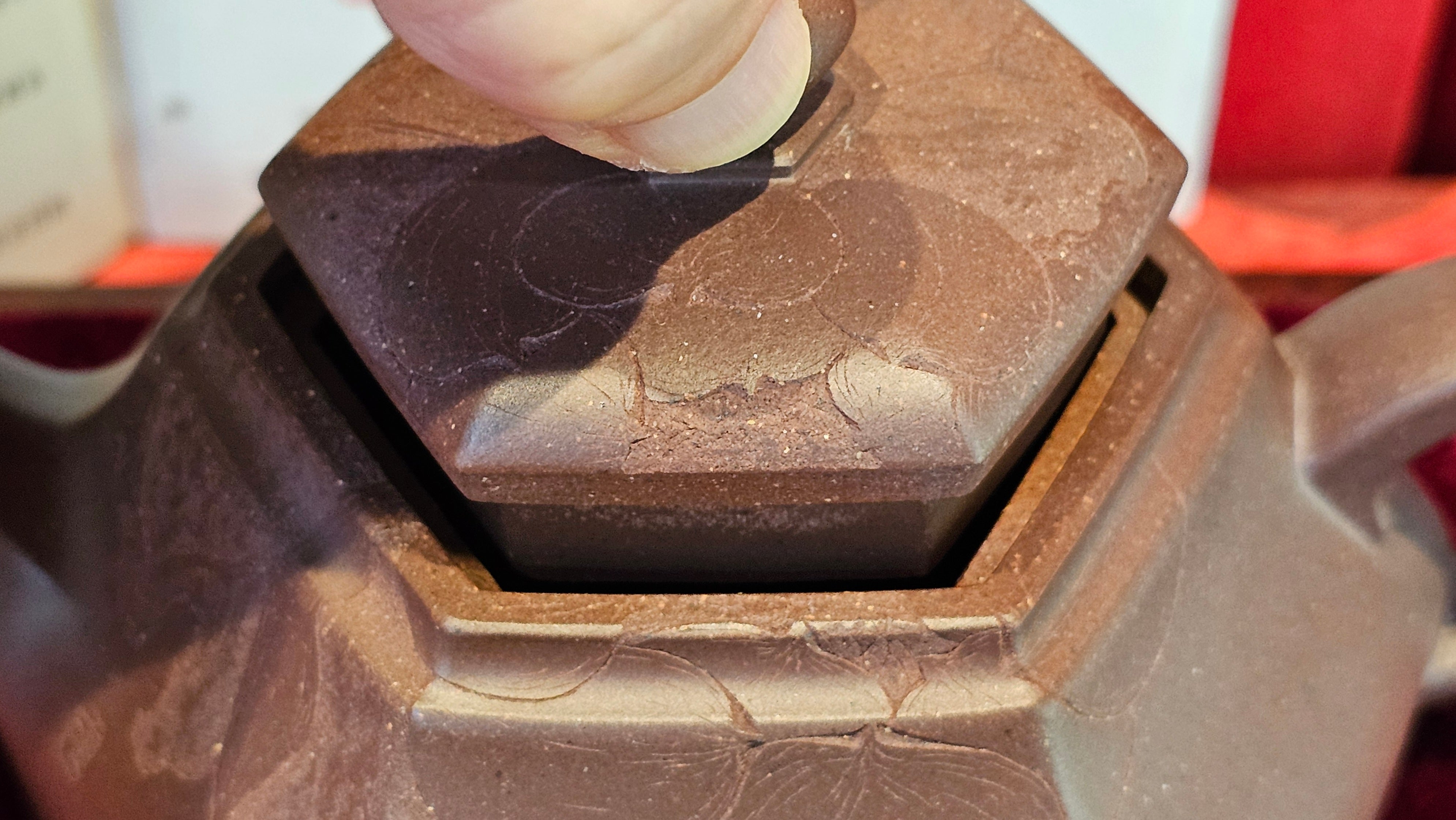 《六方半月》"Liu Fang Ban Yue", 290.1ml, "一饮涤昏寐，情思爽朗满天地" and Lotus Flower nengraving, Di Cao Qing Zi Ni 底槽青紫泥, by L2A Senior Consummate Artist Yuan Hui 袁辉 ~ Congratulations!to Ms M.L., 0732hrs 6th Sept 2025, Phoenix, AZ!