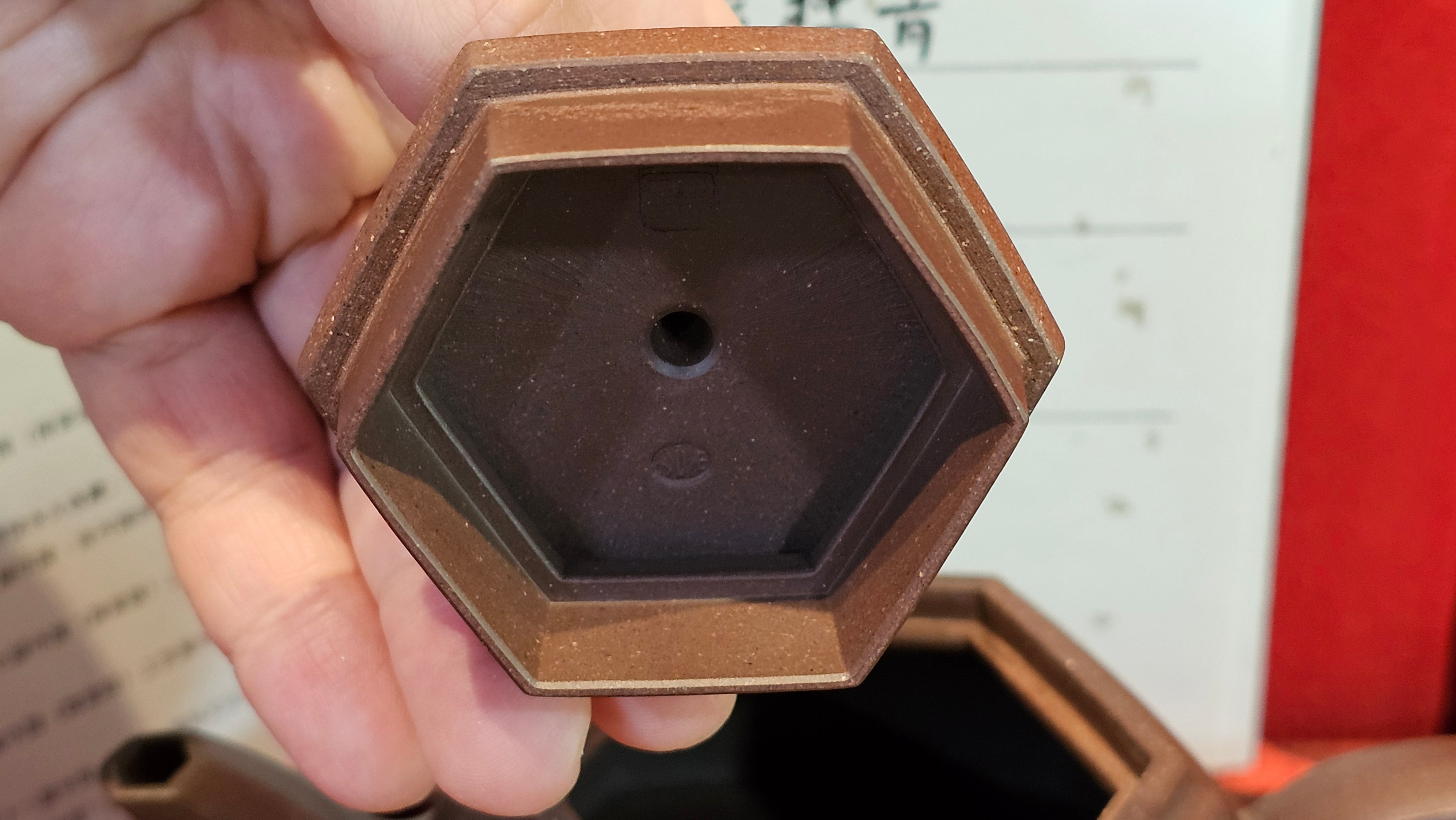 《六方半月》"Liu Fang Ban Yue", 290.1ml, "一饮涤昏寐，情思爽朗满天地" and Lotus Flower nengraving, Di Cao Qing Zi Ni 底槽青紫泥, by L2A Senior Consummate Artist Yuan Hui 袁辉 ~ Congratulations!to Ms M.L., 0732hrs 6th Sept 2025, Phoenix, AZ!