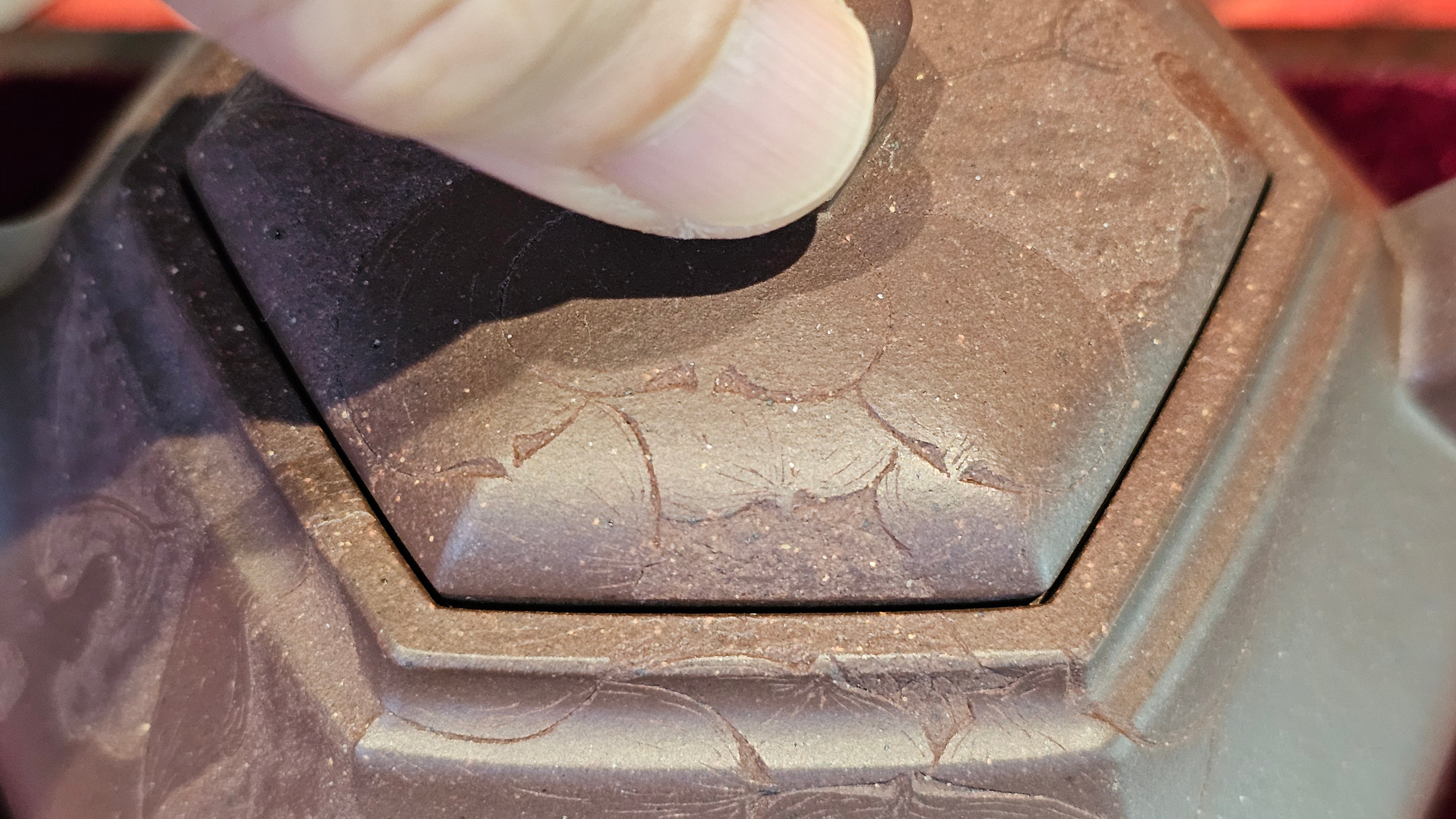 《六方半月》"Liu Fang Ban Yue", 290.1ml, "一饮涤昏寐，情思爽朗满天地" and Lotus Flower nengraving, Di Cao Qing Zi Ni 底槽青紫泥, by L2A Senior Consummate Artist Yuan Hui 袁辉 ~ Congratulations!to Ms M.L., 0732hrs 6th Sept 2025, Phoenix, AZ!