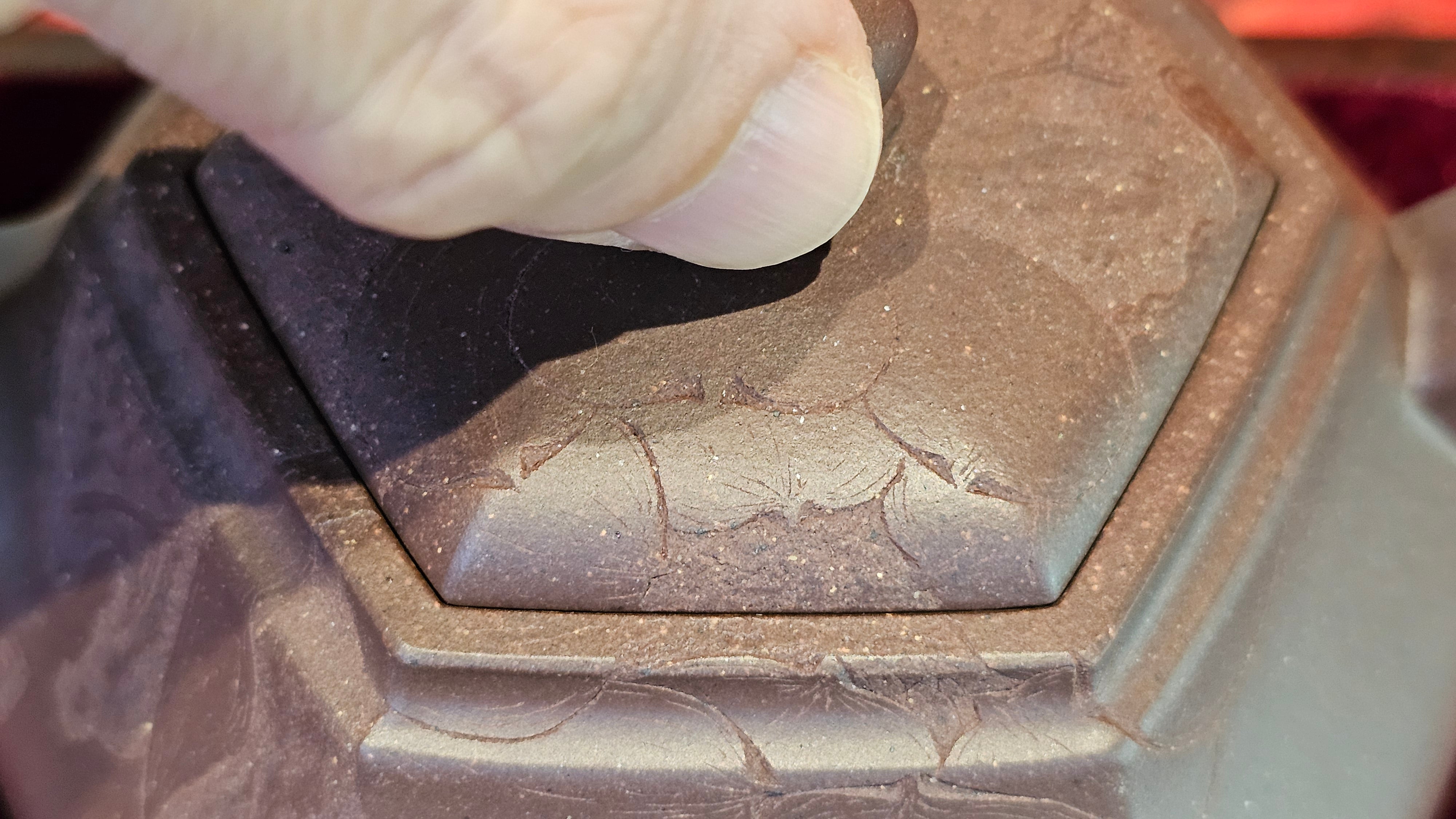 《六方半月》"Liu Fang Ban Yue", 290.1ml, "一饮涤昏寐，情思爽朗满天地" and Lotus Flower nengraving, Di Cao Qing Zi Ni 底槽青紫泥, by L2A Senior Consummate Artist Yuan Hui 袁辉 ~ Congratulations!to Ms M.L., 0732hrs 6th Sept 2025, Phoenix, AZ!