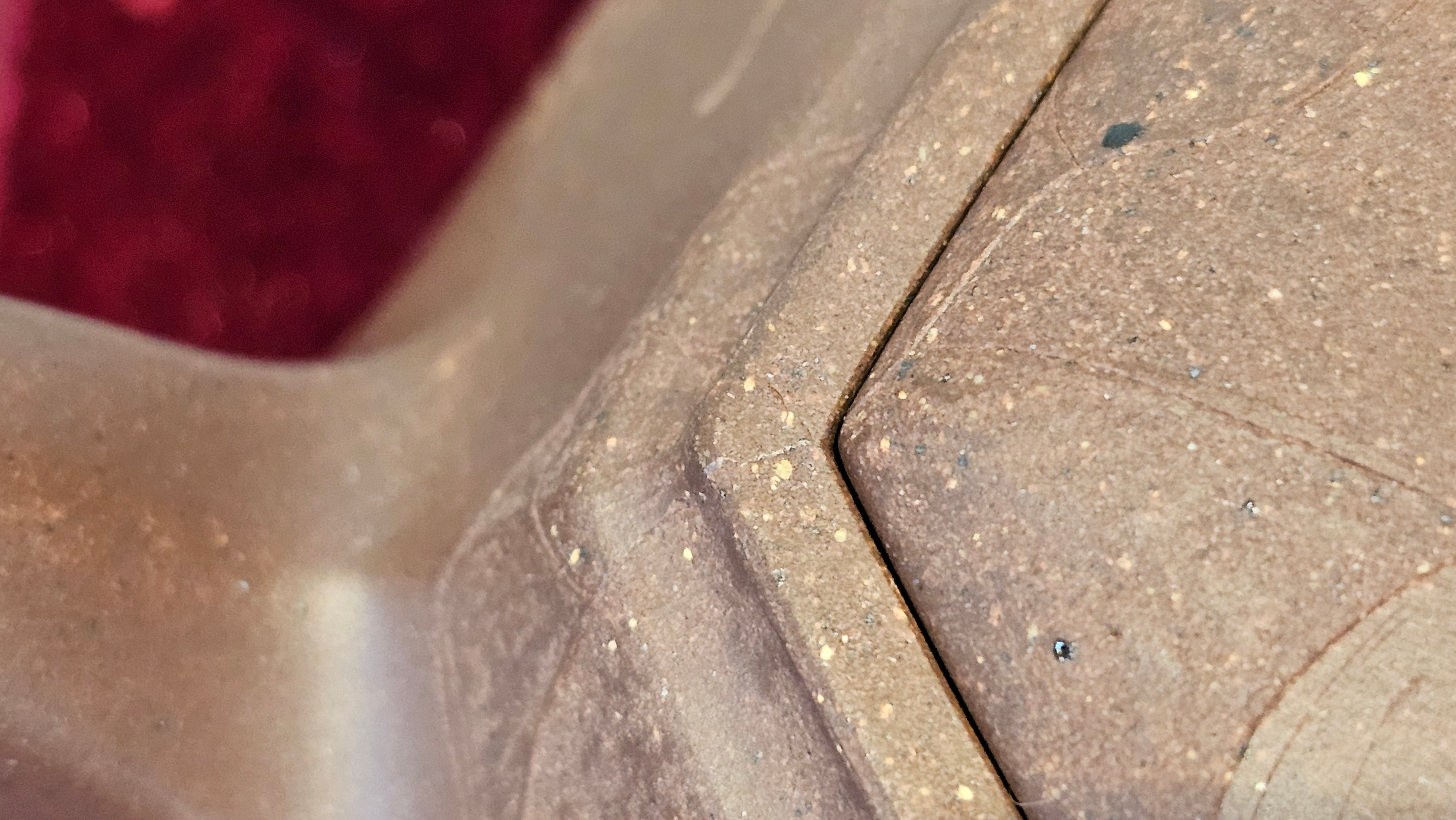 《六方半月》"Liu Fang Ban Yue", 290.1ml, "一饮涤昏寐，情思爽朗满天地" and Lotus Flower nengraving, Di Cao Qing Zi Ni 底槽青紫泥, by L2A Senior Consummate Artist Yuan Hui 袁辉 ~ Congratulations!to Ms M.L., 0732hrs 6th Sept 2025, Phoenix, AZ!