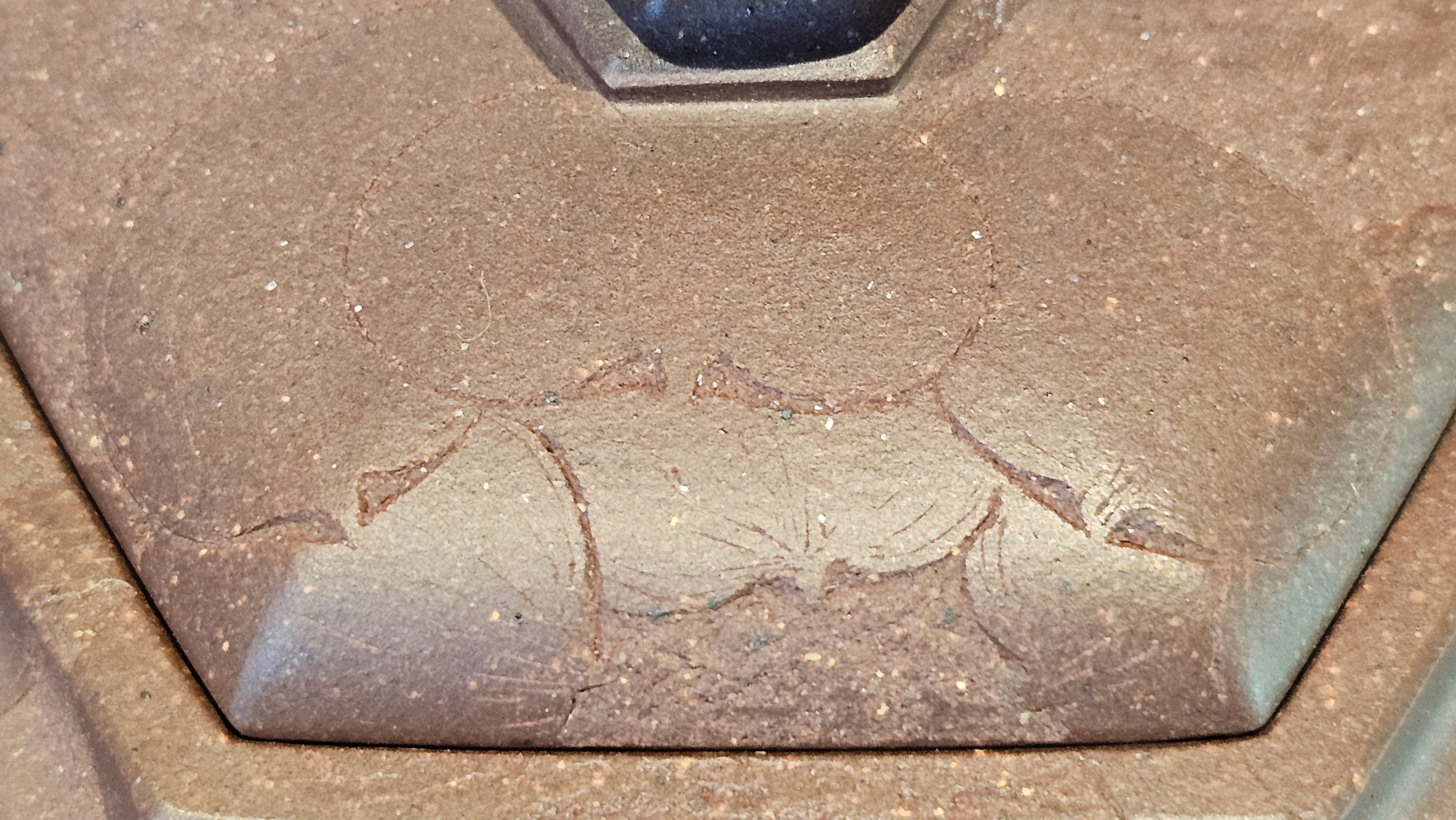 《六方半月》"Liu Fang Ban Yue", 290.1ml, "一饮涤昏寐，情思爽朗满天地" and Lotus Flower nengraving, Di Cao Qing Zi Ni 底槽青紫泥, by L2A Senior Consummate Artist Yuan Hui 袁辉 ~ Congratulations!to Ms M.L., 0732hrs 6th Sept 2025, Phoenix, AZ!