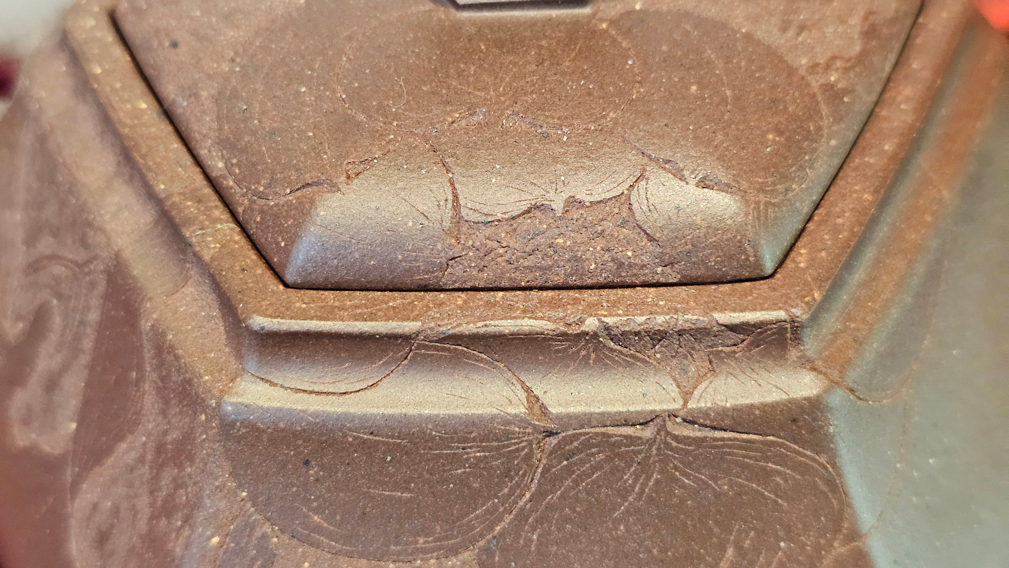 《六方半月》"Liu Fang Ban Yue", 290.1ml, "一饮涤昏寐，情思爽朗满天地" and Lotus Flower nengraving, Di Cao Qing Zi Ni 底槽青紫泥, by L2A Senior Consummate Artist Yuan Hui 袁辉 ~ Congratulations!to Ms M.L., 0732hrs 6th Sept 2025, Phoenix, AZ!