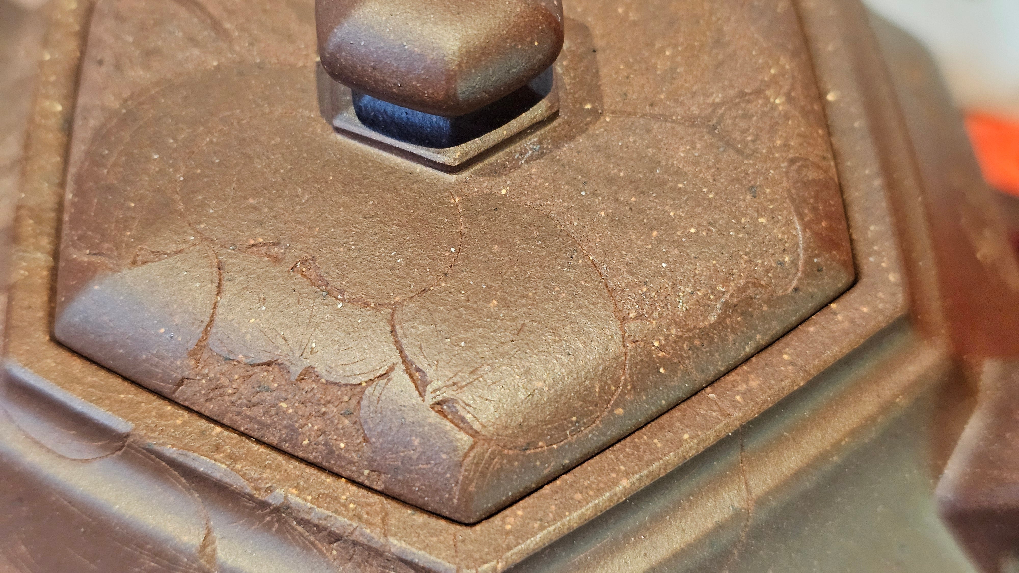 《六方半月》"Liu Fang Ban Yue", 290.1ml, "一饮涤昏寐，情思爽朗满天地" and Lotus Flower nengraving, Di Cao Qing Zi Ni 底槽青紫泥, by L2A Senior Consummate Artist Yuan Hui 袁辉 ~ Congratulations!to Ms M.L., 0732hrs 6th Sept 2025, Phoenix, AZ!