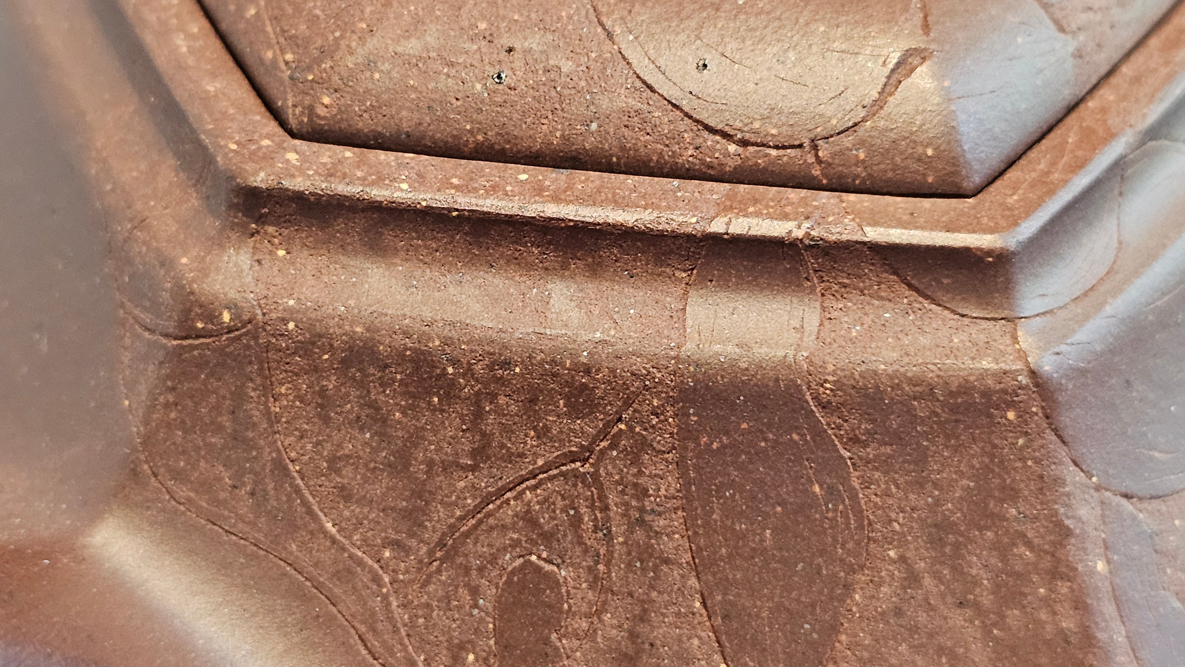 《六方半月》"Liu Fang Ban Yue", 290.1ml, "一饮涤昏寐，情思爽朗满天地" and Lotus Flower nengraving, Di Cao Qing Zi Ni 底槽青紫泥, by L2A Senior Consummate Artist Yuan Hui 袁辉 ~ Congratulations!to Ms M.L., 0732hrs 6th Sept 2025, Phoenix, AZ!