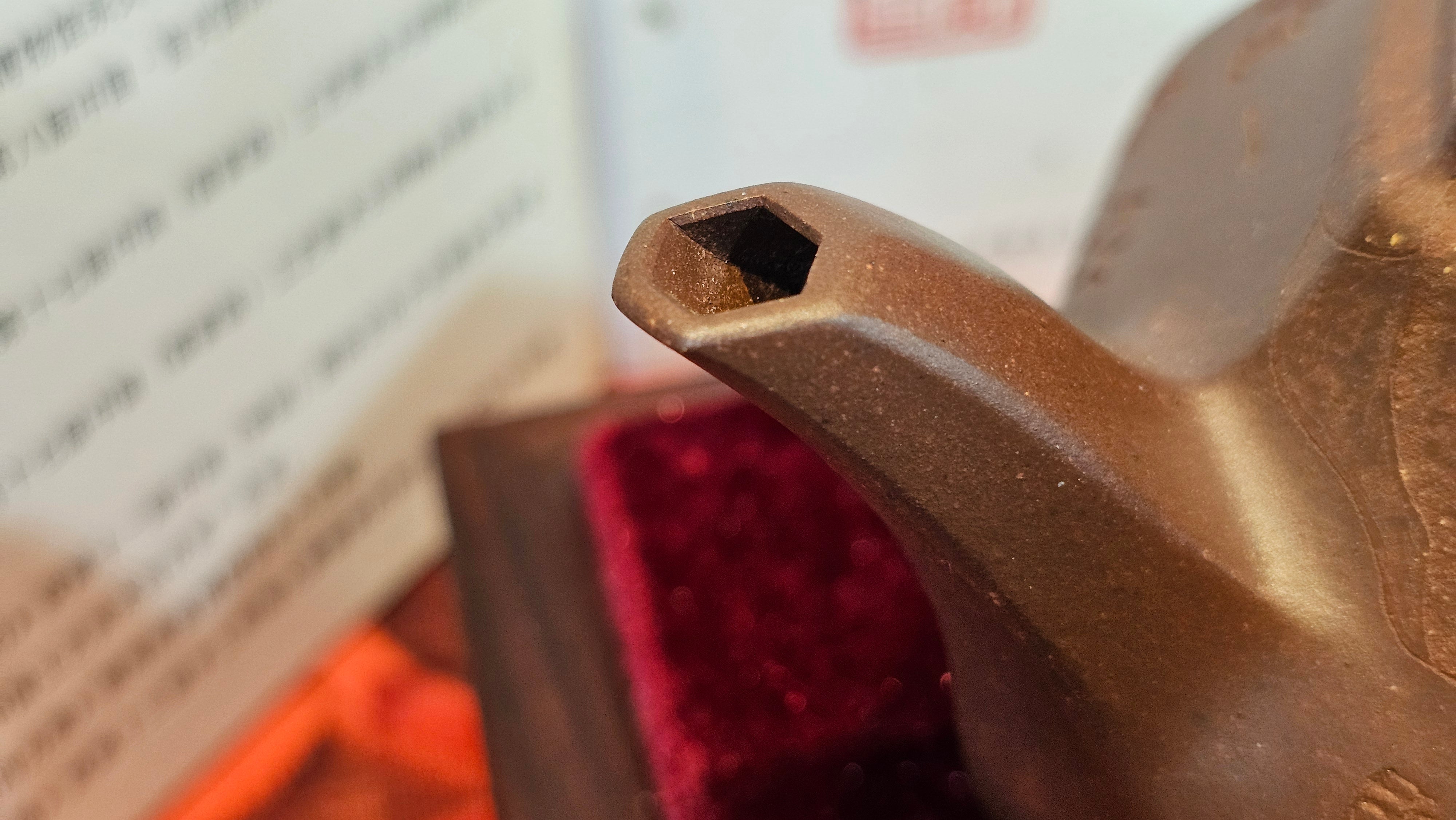 《六方半月》"Liu Fang Ban Yue", 290.1ml, "一饮涤昏寐，情思爽朗满天地" and Lotus Flower nengraving, Di Cao Qing Zi Ni 底槽青紫泥, by L2A Senior Consummate Artist Yuan Hui 袁辉 ~ Congratulations!to Ms M.L., 0732hrs 6th Sept 2025, Phoenix, AZ!