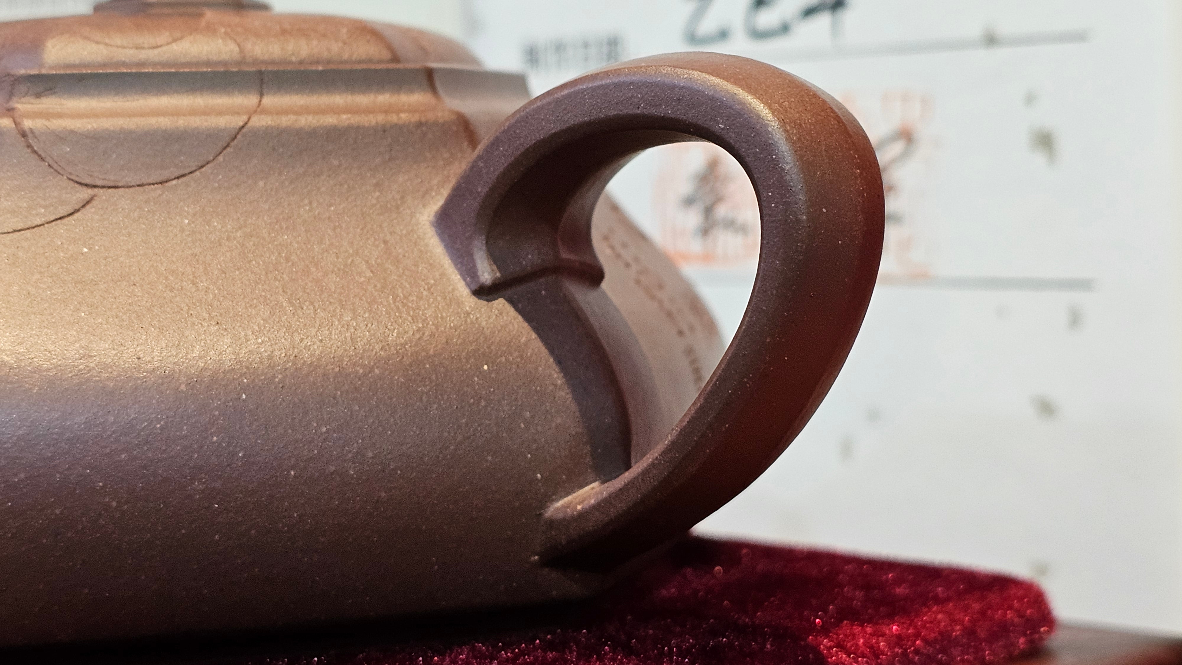 《六方半月》"Liu Fang Ban Yue", 290.1ml, "一饮涤昏寐，情思爽朗满天地" and Lotus Flower nengraving, Di Cao Qing Zi Ni 底槽青紫泥, by L2A Senior Consummate Artist Yuan Hui 袁辉 ~ Congratulations!to Ms M.L., 0732hrs 6th Sept 2025, Phoenix, AZ!