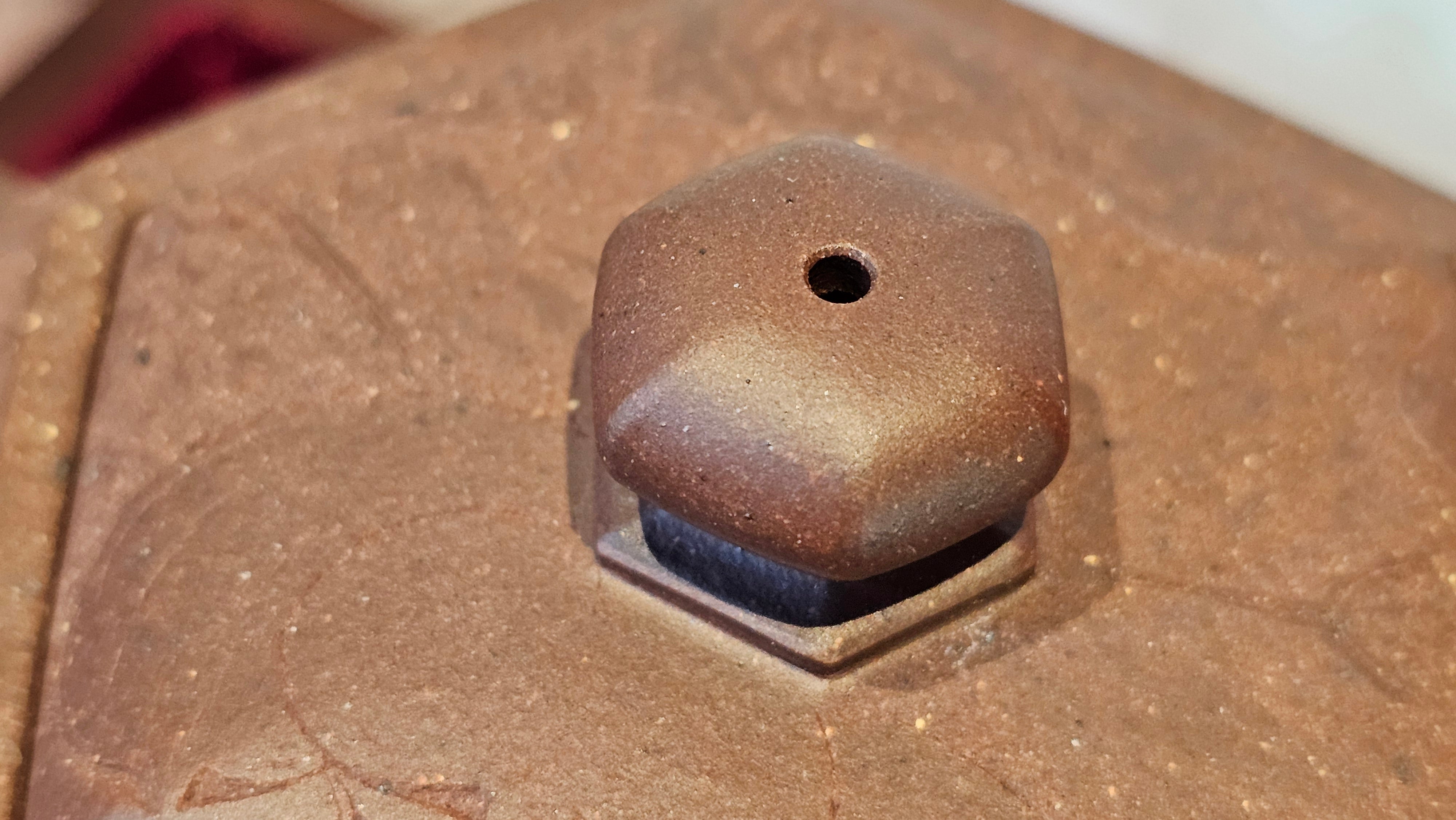 《六方半月》"Liu Fang Ban Yue", 290.1ml, "一饮涤昏寐，情思爽朗满天地" and Lotus Flower nengraving, Di Cao Qing Zi Ni 底槽青紫泥, by L2A Senior Consummate Artist Yuan Hui 袁辉 ~ Congratulations!to Ms M.L., 0732hrs 6th Sept 2025, Phoenix, AZ!