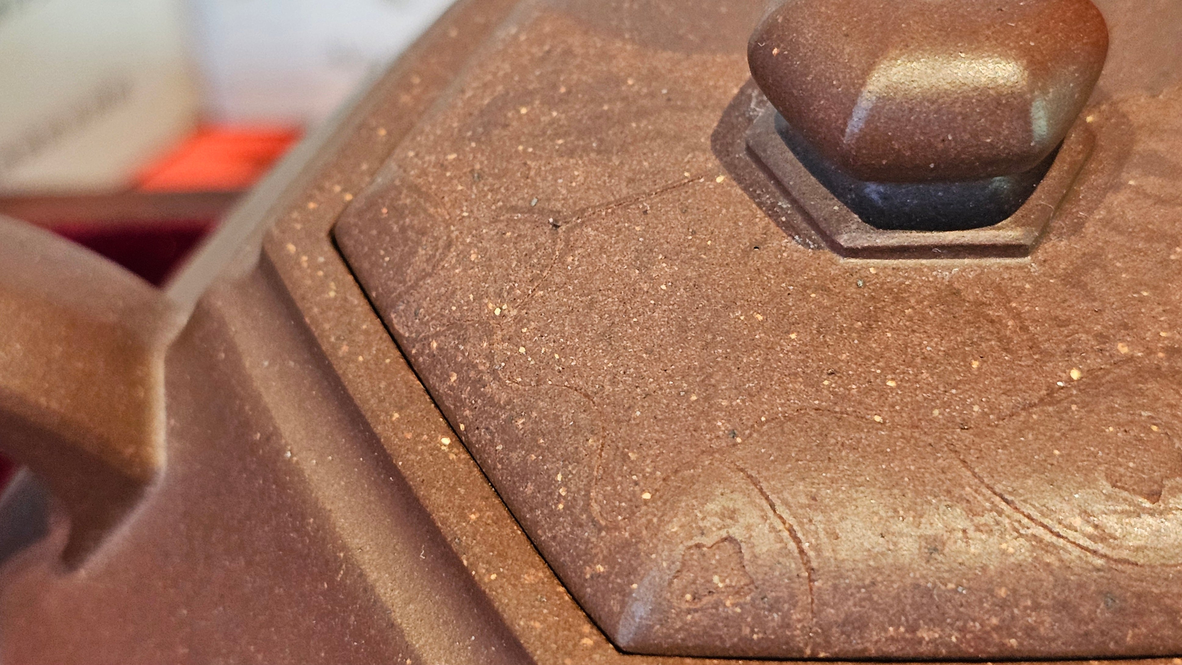 《六方半月》"Liu Fang Ban Yue", 290.1ml, "一饮涤昏寐，情思爽朗满天地" and Lotus Flower nengraving, Di Cao Qing Zi Ni 底槽青紫泥, by L2A Senior Consummate Artist Yuan Hui 袁辉 ~ Congratulations!to Ms M.L., 0732hrs 6th Sept 2025, Phoenix, AZ!