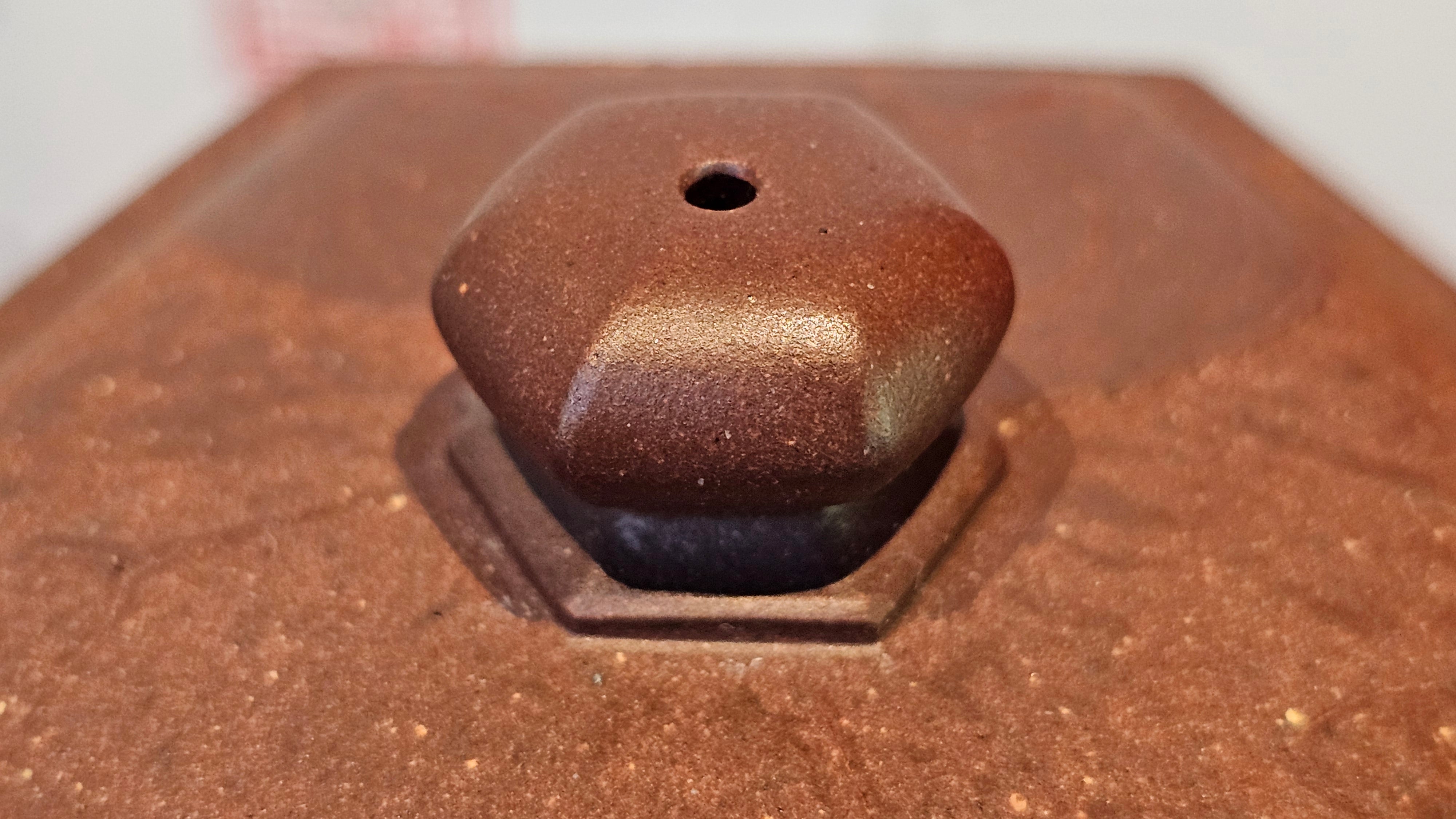 《六方半月》"Liu Fang Ban Yue", 290.1ml, "一饮涤昏寐，情思爽朗满天地" and Lotus Flower nengraving, Di Cao Qing Zi Ni 底槽青紫泥, by L2A Senior Consummate Artist Yuan Hui 袁辉 ~ Congratulations!to Ms M.L., 0732hrs 6th Sept 2025, Phoenix, AZ!