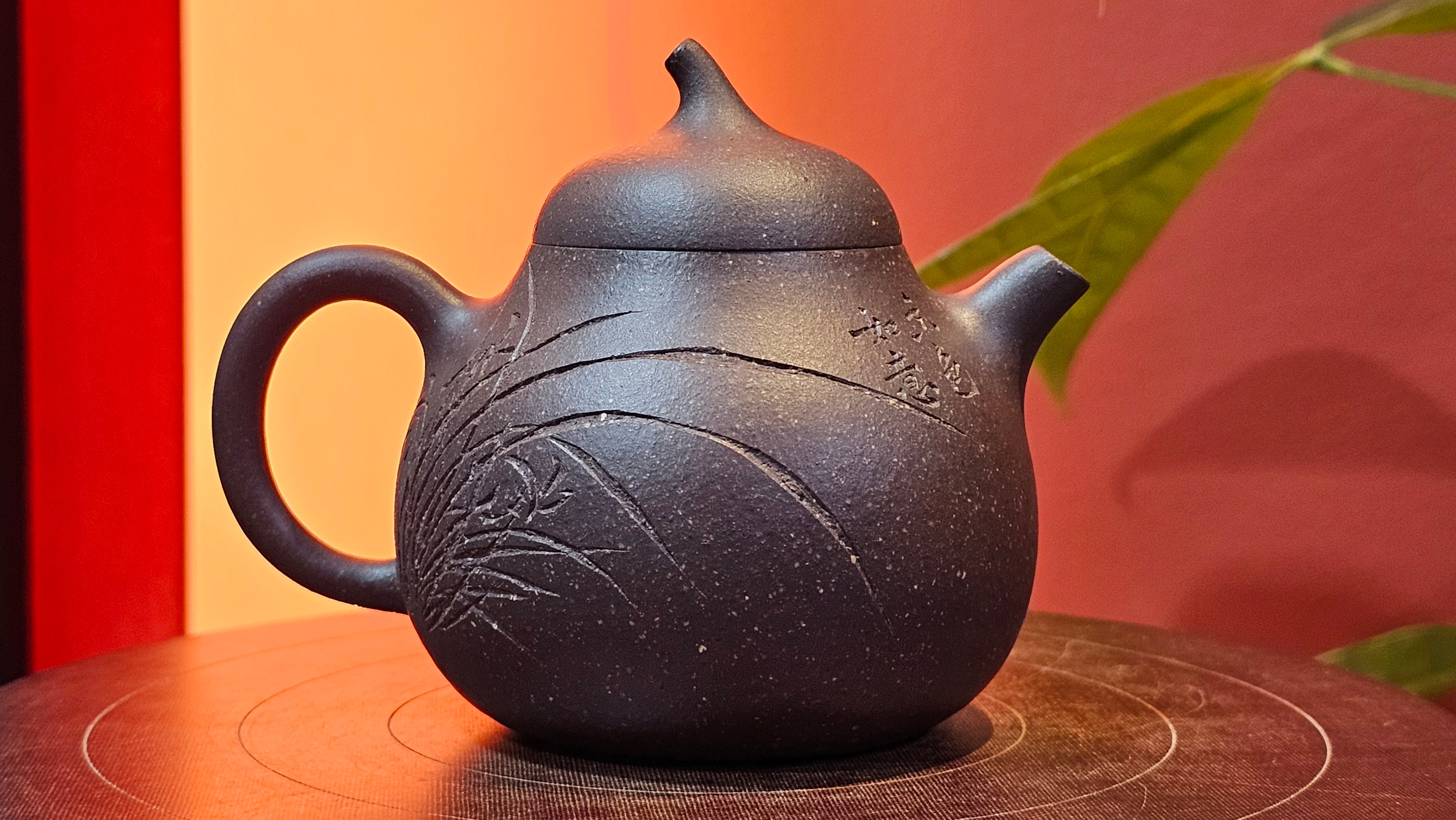 Qie Gua《茄瓜》~ "The Gourd", 153.8ml, Hei Zi Ni 黑紫泥, by our Craftsman Zhang Huan 张欢, Calligraphy and 兰花 Orchids Engraving by Craftsman Yi Cheng 逸成 ~!Congratulations to Mr J.S.! 1100hrs 17th Sept 2025, Chicago! IL!