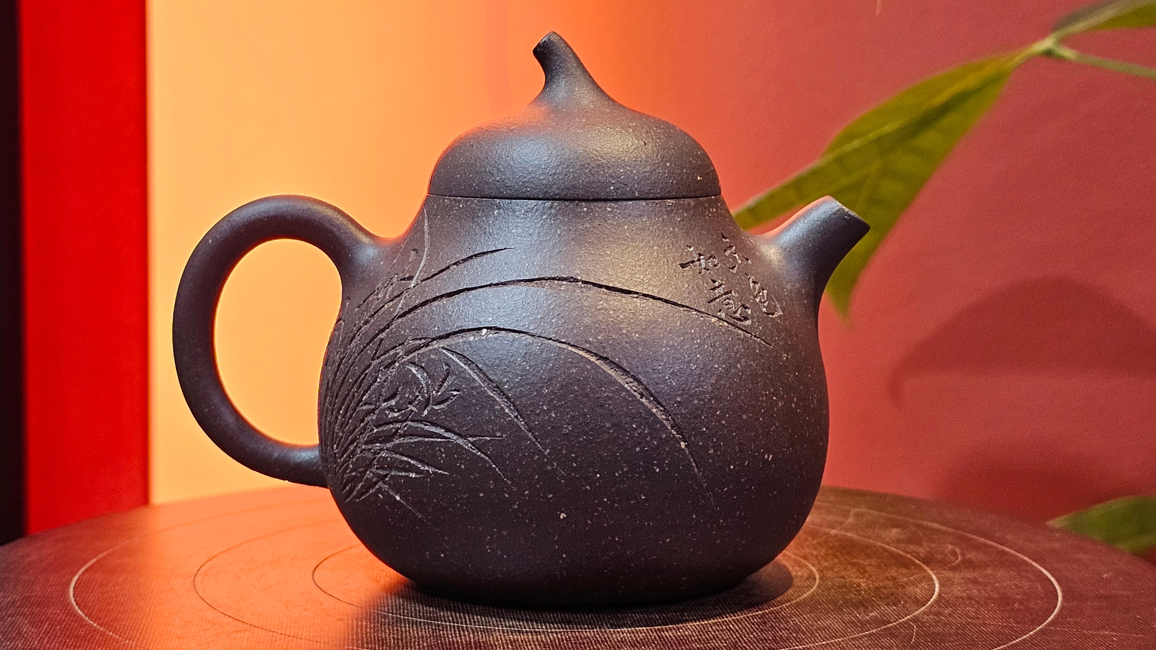 Qie Gua《茄瓜》~ "The Gourd", 153.8ml, Hei Zi Ni 黑紫泥, by our Craftsman Zhang Huan 张欢, Calligraphy and 兰花 Orchids Engraving by Craftsman Yi Cheng 逸成 ~!Congratulations to Mr J.S.! 1100hrs 17th Sept 2025, Chicago! IL!