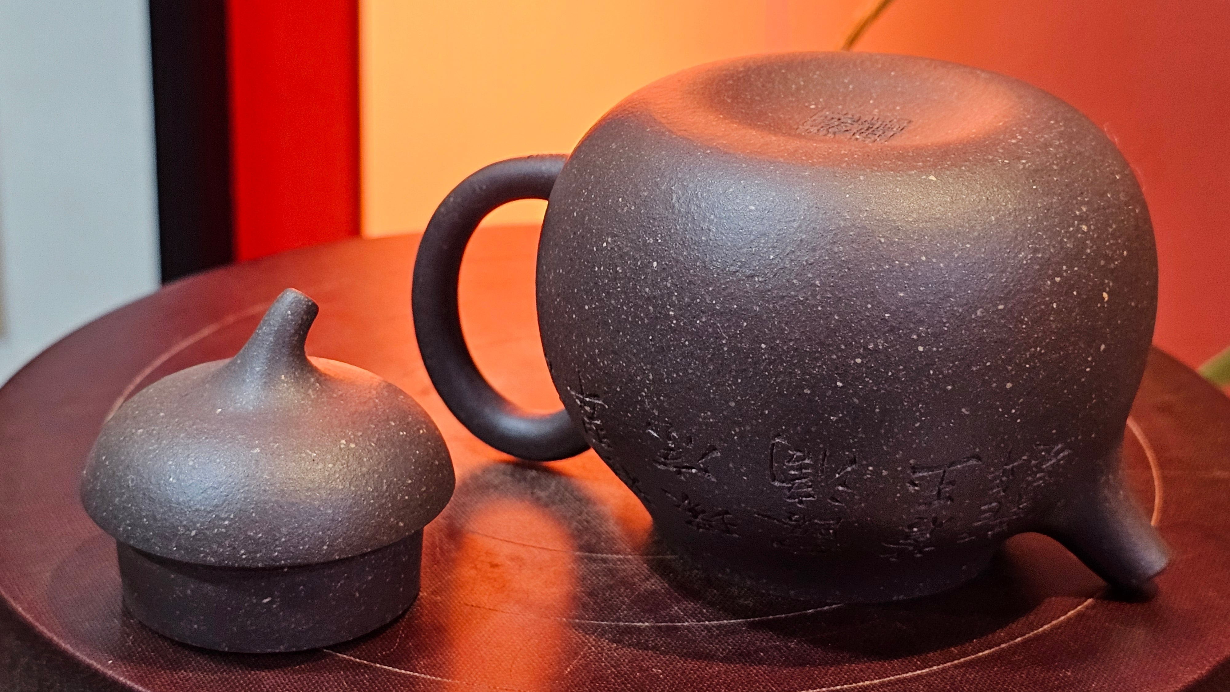 Qie Gua《茄瓜》~ "The Gourd", 153.8ml, Hei Zi Ni 黑紫泥, by our Craftsman Zhang Huan 张欢, Calligraphy and 兰花 Orchids Engraving by Craftsman Yi Cheng 逸成 ~!Congratulations to Mr J.S.! 1100hrs 17th Sept 2025, Chicago! IL!