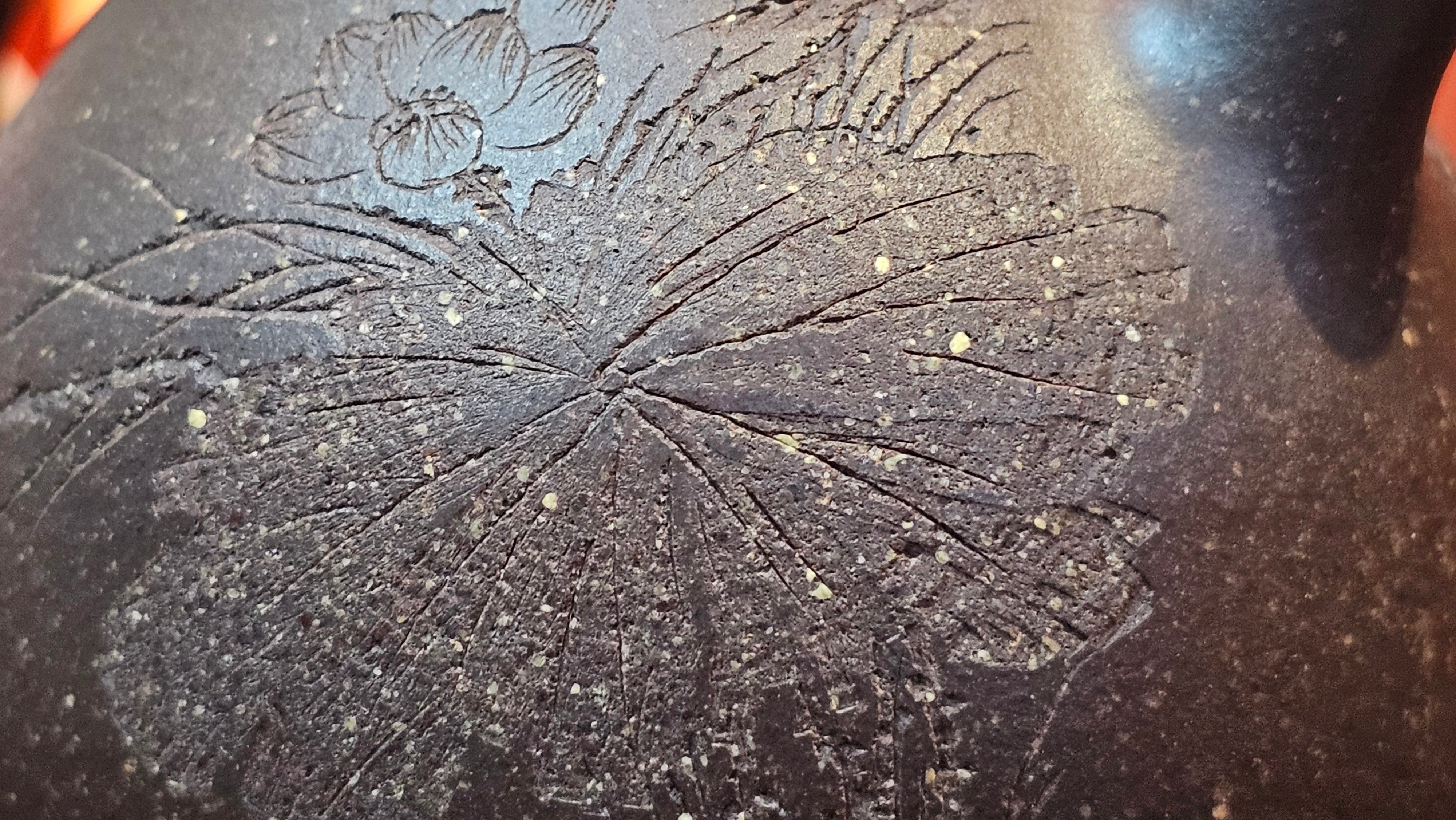 Qie Gua《茄瓜》~ "The Gourd", 152.8ml, Hei Zi Ni 黑紫泥, by our Craftsman Zhang Huan 张欢, Calligraphy and Lotus Engraving by Craftsman Yi Cheng 逸成 ~ Congratulations!to Dr L.L.! 1327hrs 19th Sept 2025! Ventura, CA!