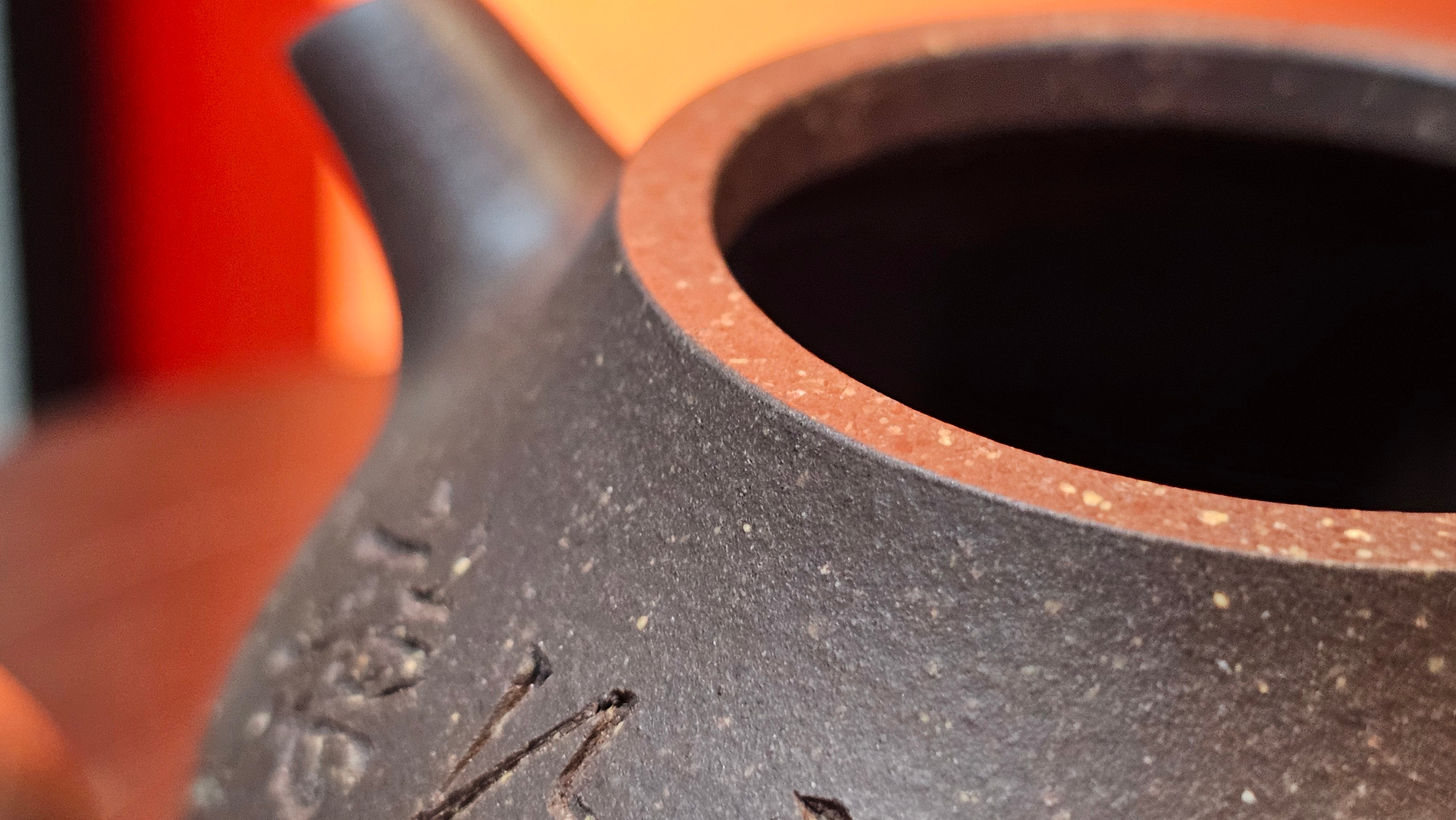 Qie Gua《茄瓜》~ "The Gourd", 152.8ml, Hei Zi Ni 黑紫泥, by our Craftsman Zhang Huan 张欢, Calligraphy and Lotus Engraving by Craftsman Yi Cheng 逸成 ~ Congratulations!to Dr L.L.! 1327hrs 19th Sept 2025! Ventura, CA!