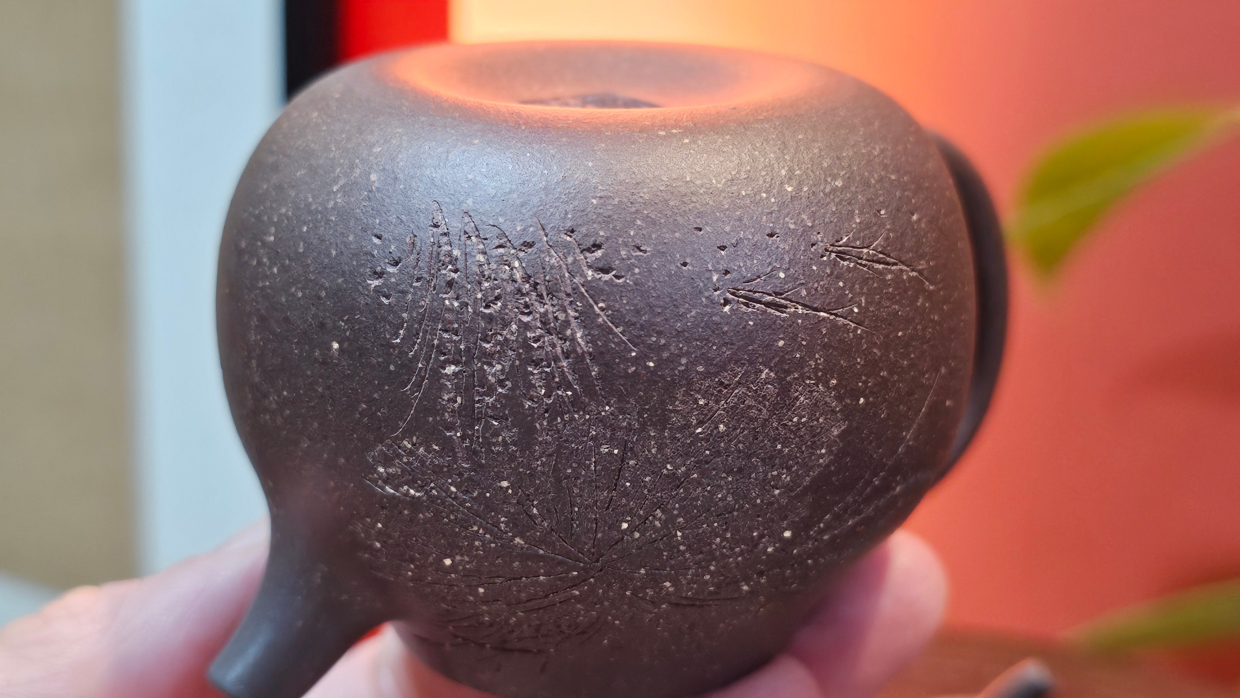 Qie Gua《茄瓜》~ "The Gourd", 152.8ml, Hei Zi Ni 黑紫泥, by our Craftsman Zhang Huan 张欢, Calligraphy and Lotus Engraving by Craftsman Yi Cheng 逸成 ~ Congratulations!to Dr L.L.! 1327hrs 19th Sept 2025! Ventura, CA!