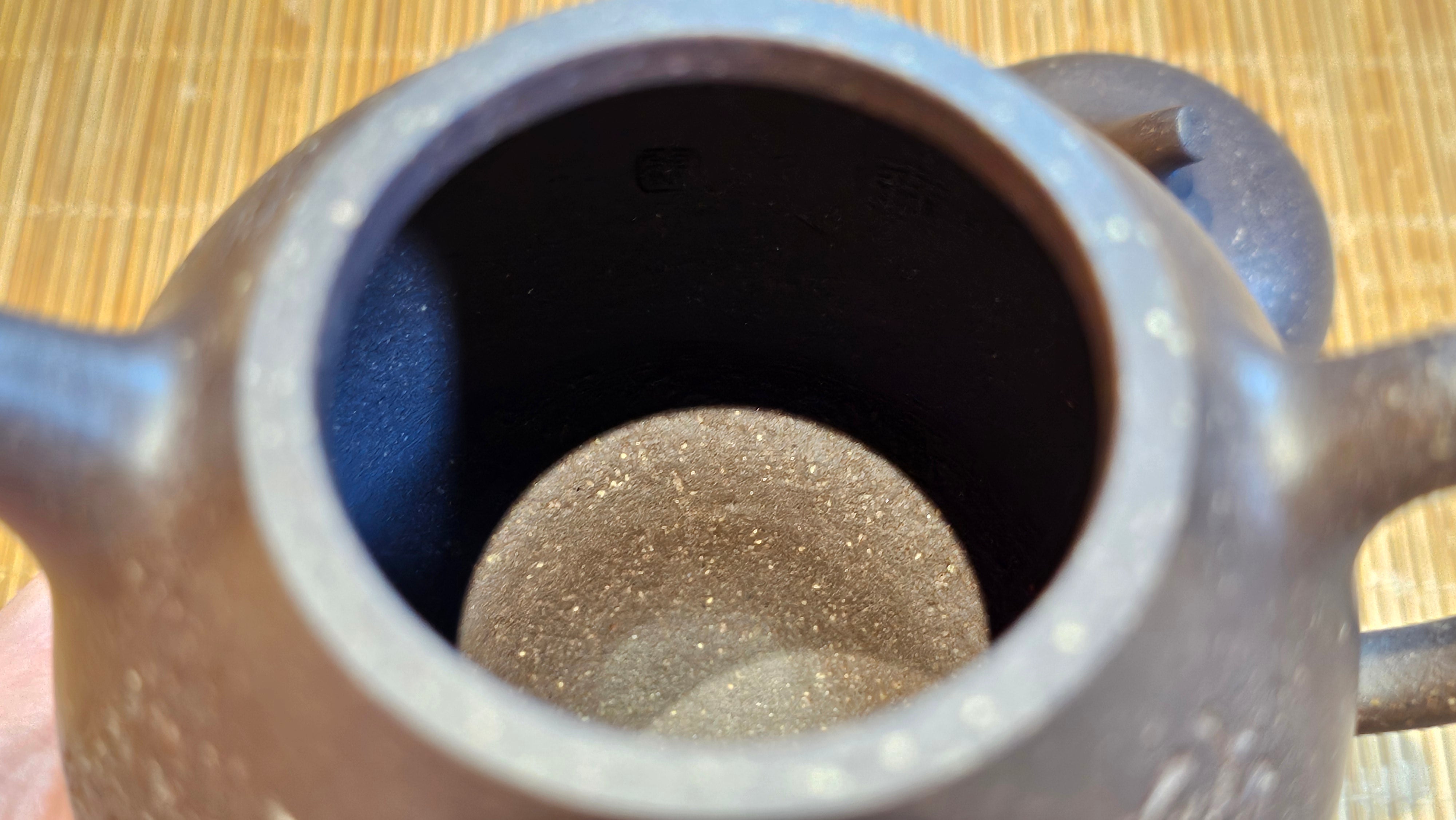 Qie Gua《茄瓜》~ "The Gourd", 152.8ml, Hei Zi Ni 黑紫泥, by our Craftsman Zhang Huan 张欢, Calligraphy and Lotus Engraving by Craftsman Yi Cheng 逸成 ~ Congratulations!to Dr L.L.! 1327hrs 19th Sept 2025! Ventura, CA!