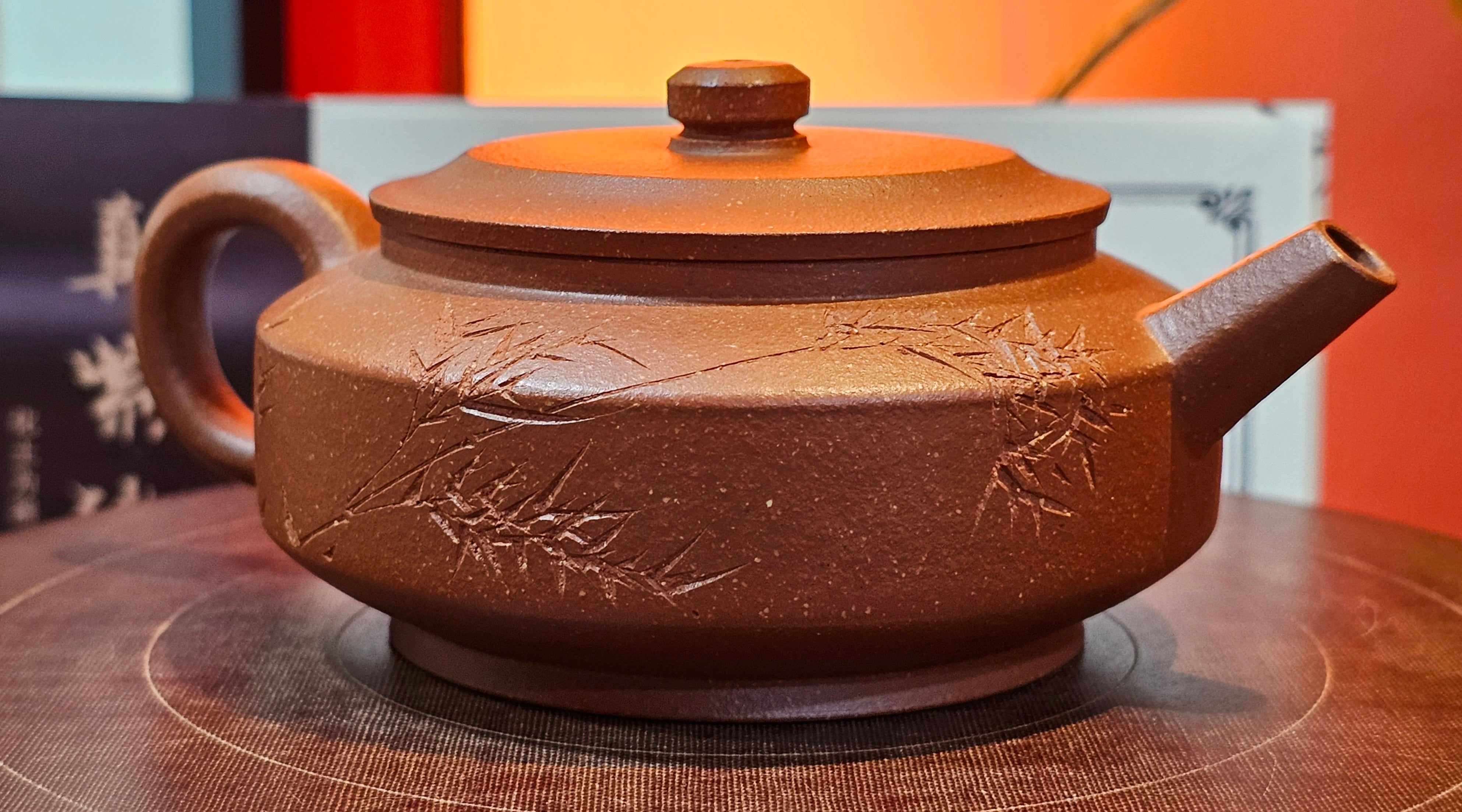 Zhou Pan《周盘》, 167.3ml, Hong Jiang Po Ni 红降坡泥, by Craftsman Zhu Shu 朱舒!~Engraving of Bamboos and Verse by Craftsman Mu Shan 牧山 ~ Congratulations!to Dr L.L, 1520hrs 9th Oct 2025, Ventura, CA!