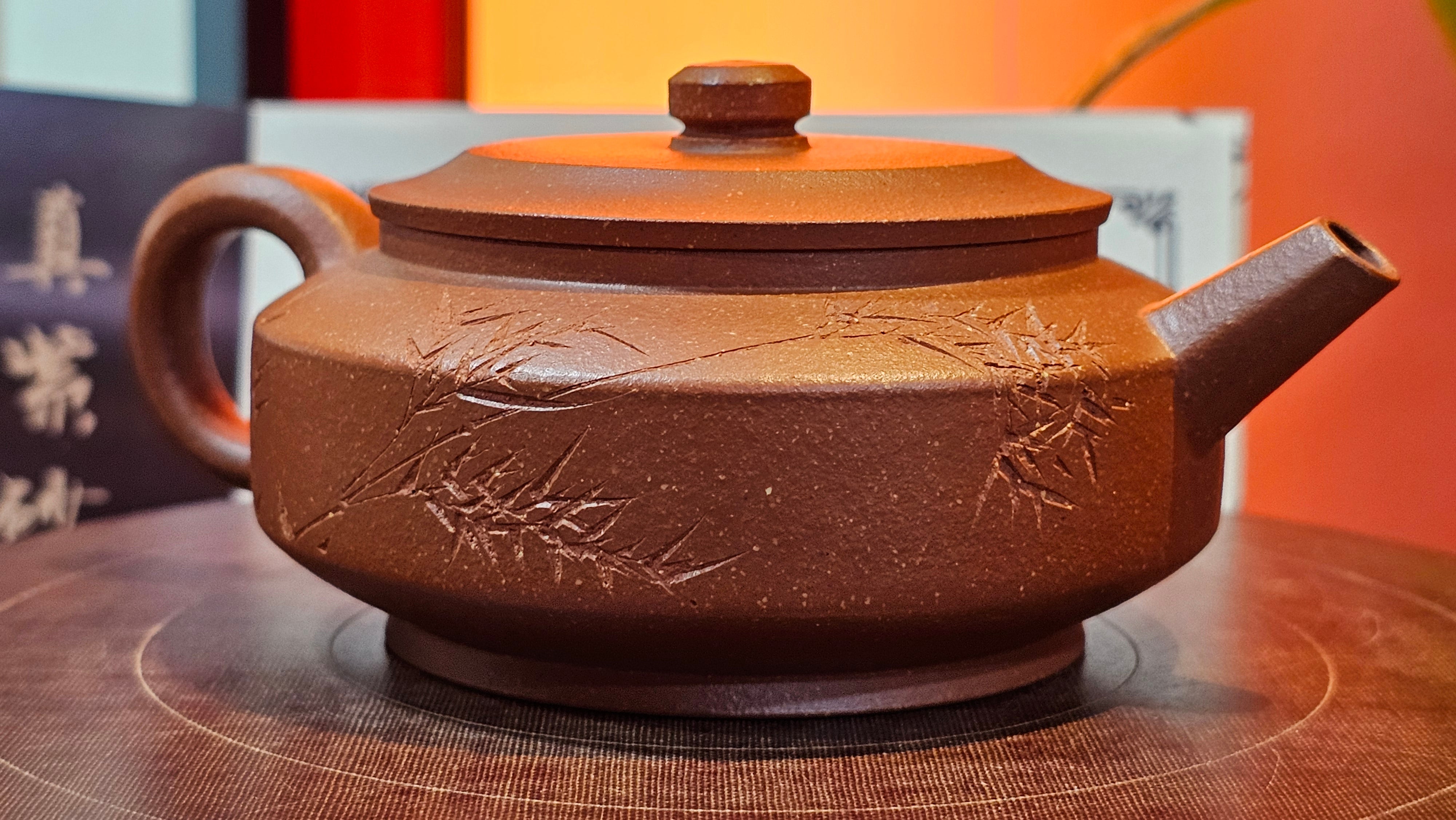 Zhou Pan《周盘》, 167.3ml, Hong Jiang Po Ni 红降坡泥, by Craftsman Zhu Shu 朱舒!~Engraving of Bamboos and Verse by Craftsman Mu Shan 牧山 ~ Congratulations!to Dr L.L, 1520hrs 9th Oct 2025, Ventura, CA!