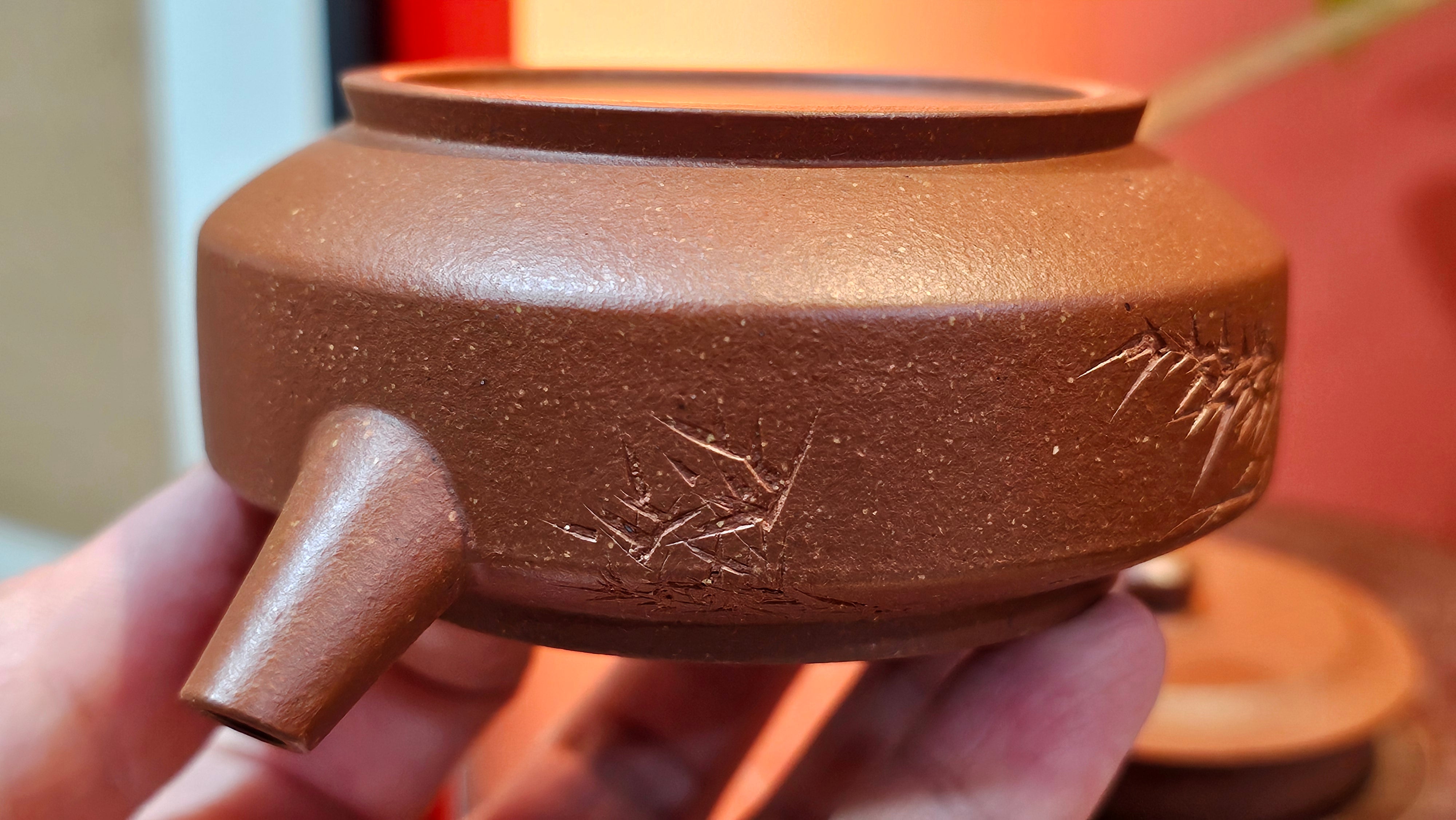 Zhou Pan《周盘》, 167.3ml, Hong Jiang Po Ni 红降坡泥, by Craftsman Zhu Shu 朱舒!~Engraving of Bamboos and Verse by Craftsman Mu Shan 牧山 ~ Congratulations!to Dr L.L, 1520hrs 9th Oct 2025, Ventura, CA!