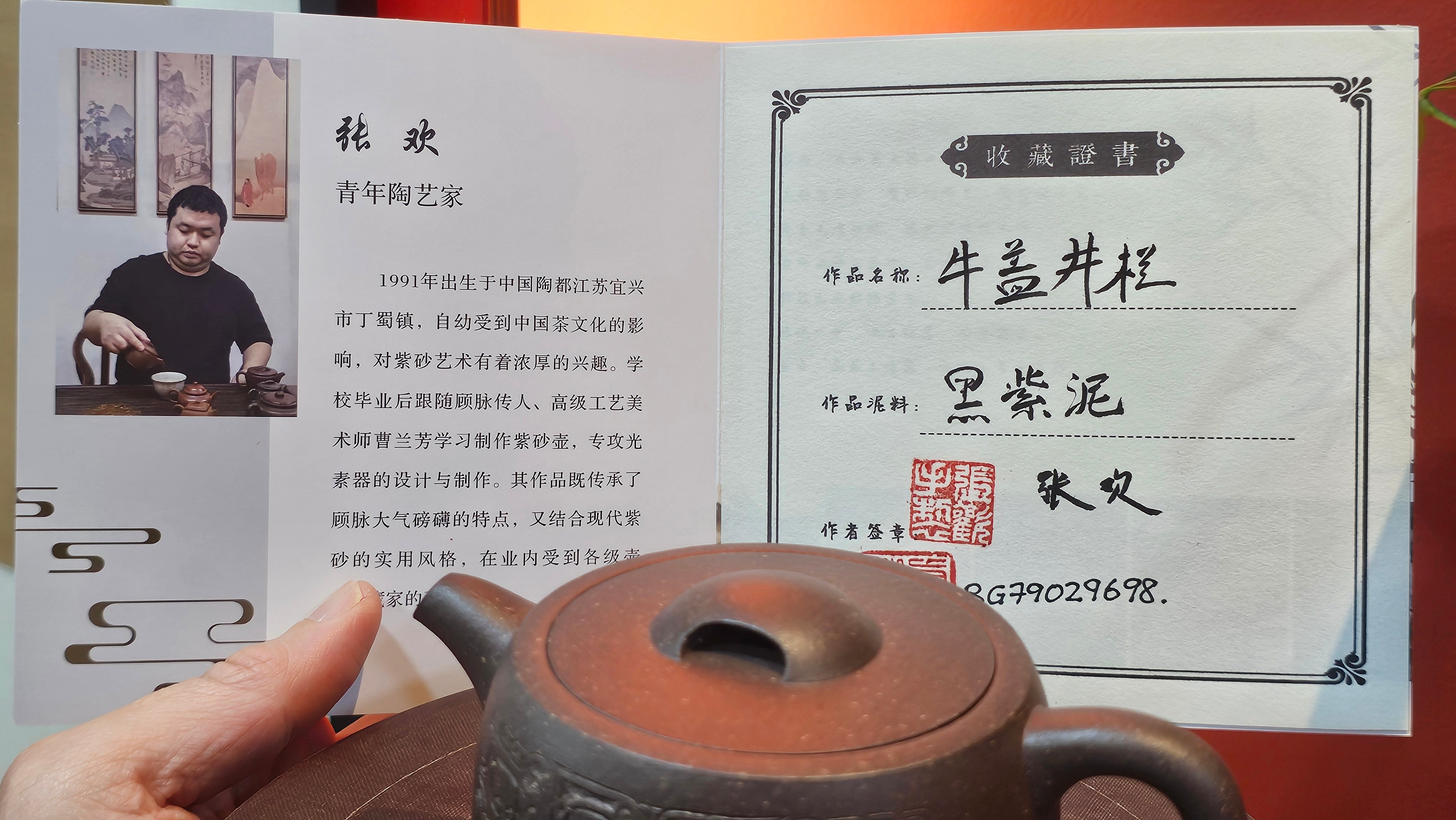 Niu Gai Jing Lan《牛盖井栏》, 159.5ml, Hei Zi Ni 黑紫泥, with Chinese Bronze Age Patterns~Engraving Art 青铜器纹样~刻绘, by our Craftsman Zhang Huan 张欢 ~!Congratulations to Ms C.W.! 1156hrs 17th Oct 2025, Sunnyvale! CA.