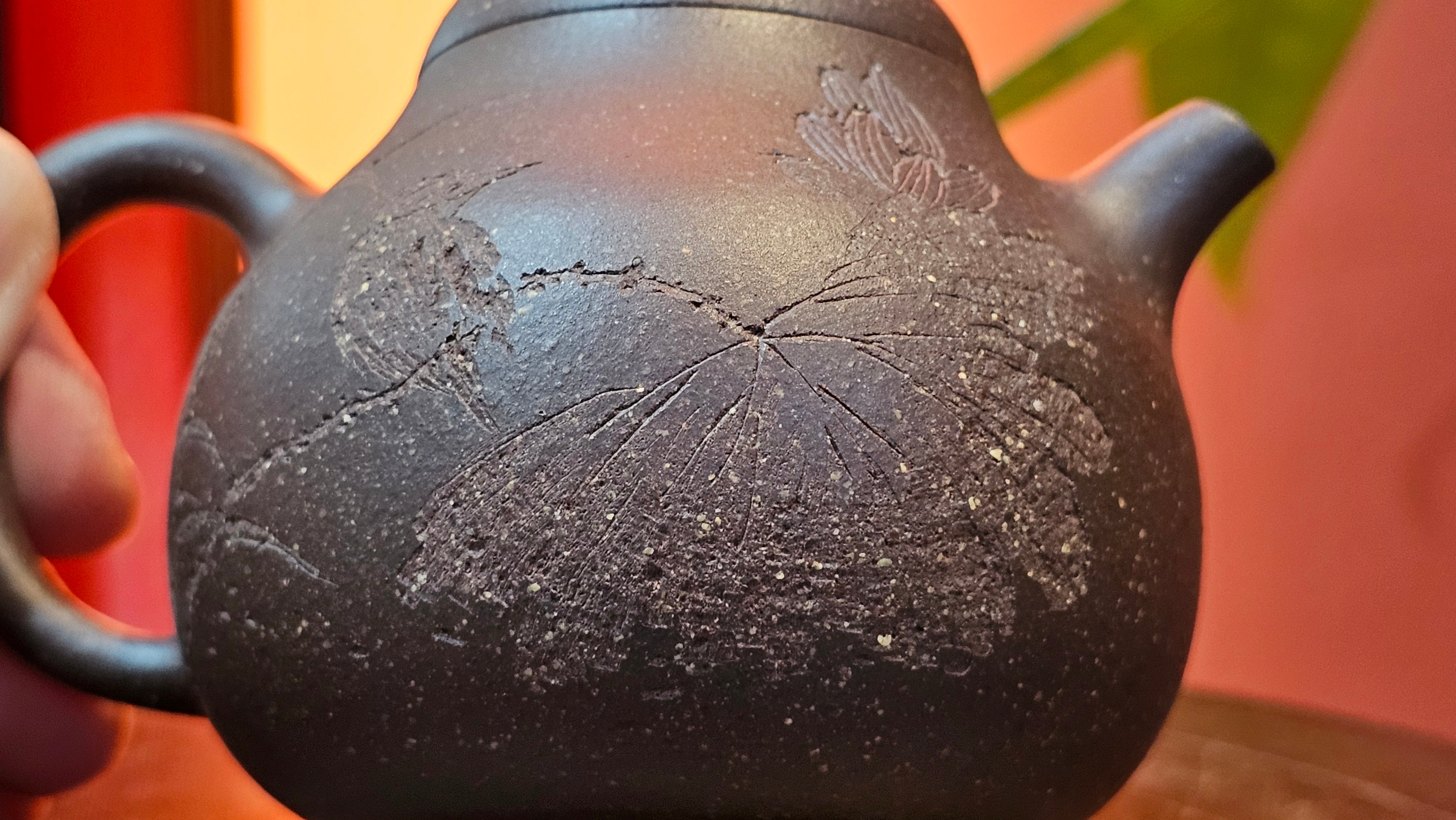 Qie Gua《茄瓜》~ "The Gourd", 153.3ml, Hei Zi Ni 黑紫泥, by our Craftsman Zhang Huan 张欢, Calligraphy and Lotus Flower Engraving by Craftsman Yi Cheng 逸成 ~ Congratulations to Mr W.K.! 1941hrs 20th Oct 2025, Austin! TX!