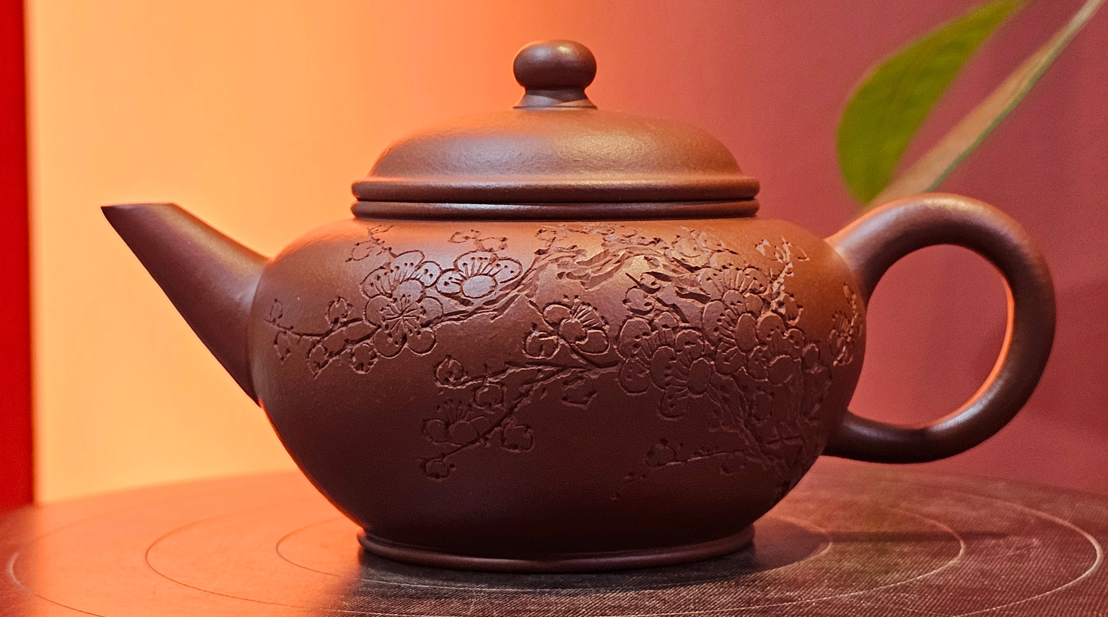 Shui Ping 水平, 155.8ml, Xiao Mei Yao Zhu Ni 小煤窑朱泥, by our Craftsman Chen Yue Fei 陈跃飞, Plum Blossoms Engraving by Craftsman Yi De Shu 一德书 ~ Congratulations!to Mr P.T.! 1410hrs 9th Nov 2025, Chandler! AZ!