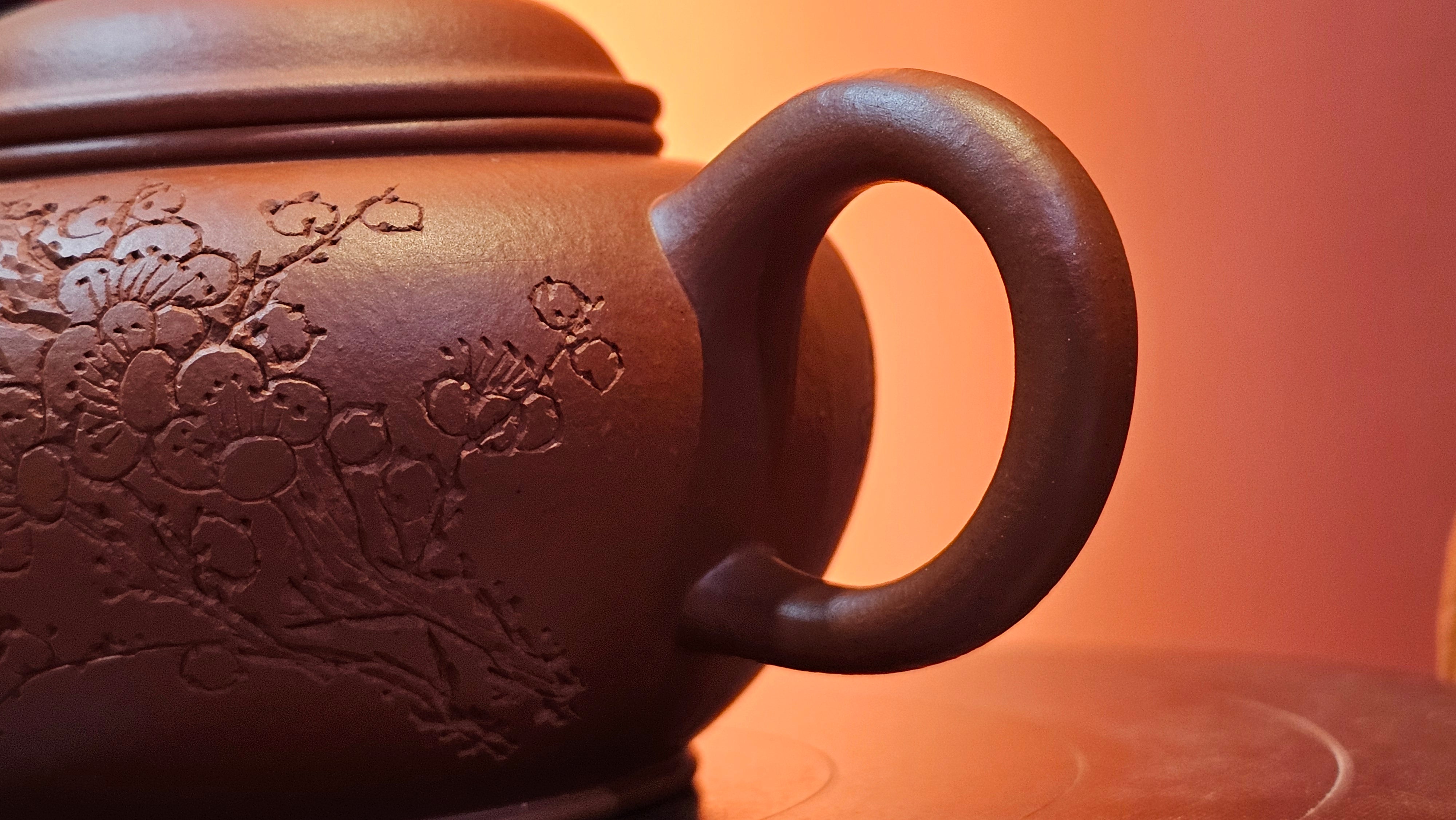 Shui Ping 水平, 155.8ml, Xiao Mei Yao Zhu Ni 小煤窑朱泥, by our Craftsman Chen Yue Fei 陈跃飞, Plum Blossoms Engraving by Craftsman Yi De Shu 一德书 ~ Congratulations!to Mr P.T.! 1410hrs 9th Nov 2025, Chandler! AZ!