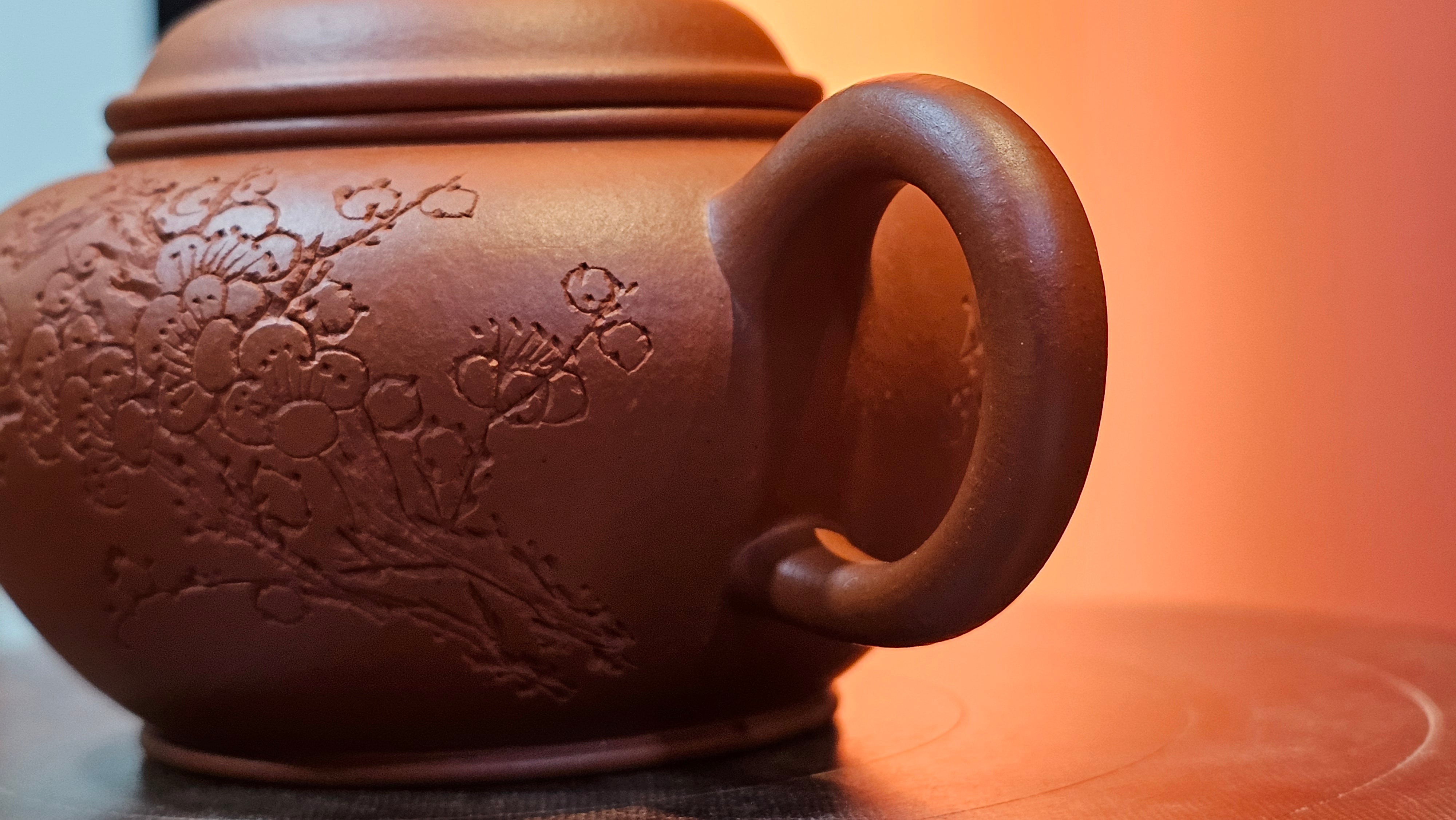 Shui Ping 水平, 155.8ml, Xiao Mei Yao Zhu Ni 小煤窑朱泥, by our Craftsman Chen Yue Fei 陈跃飞, Plum Blossoms Engraving by Craftsman Yi De Shu 一德书 ~ Congratulations!to Mr P.T.! 1410hrs 9th Nov 2025, Chandler! AZ!