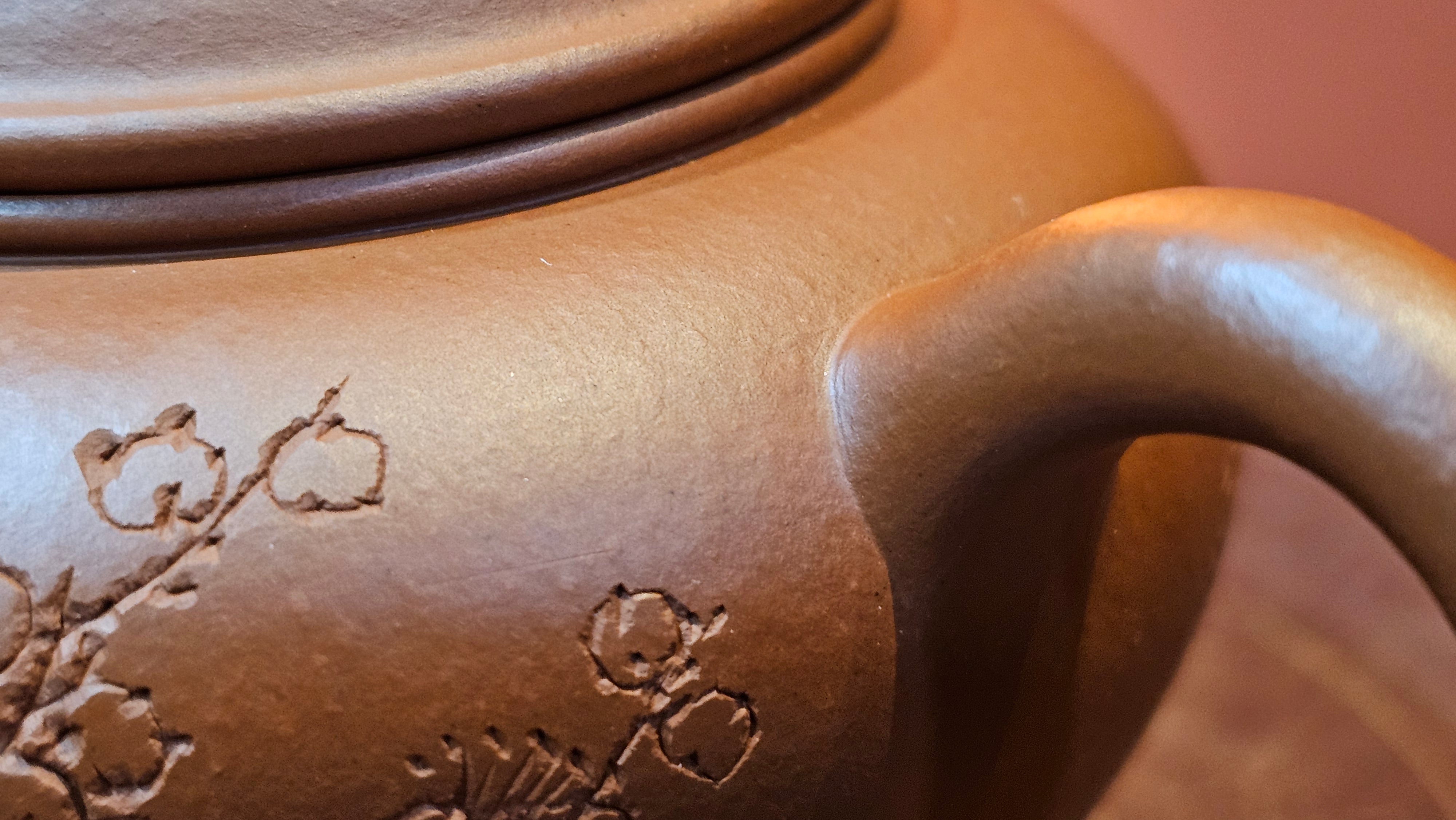 Shui Ping 水平, 155.8ml, Xiao Mei Yao Zhu Ni 小煤窑朱泥, by our Craftsman Chen Yue Fei 陈跃飞, Plum Blossoms Engraving by Craftsman Yi De Shu 一德书 ~ Congratulations!to Mr P.T.! 1410hrs 9th Nov 2025, Chandler! AZ!