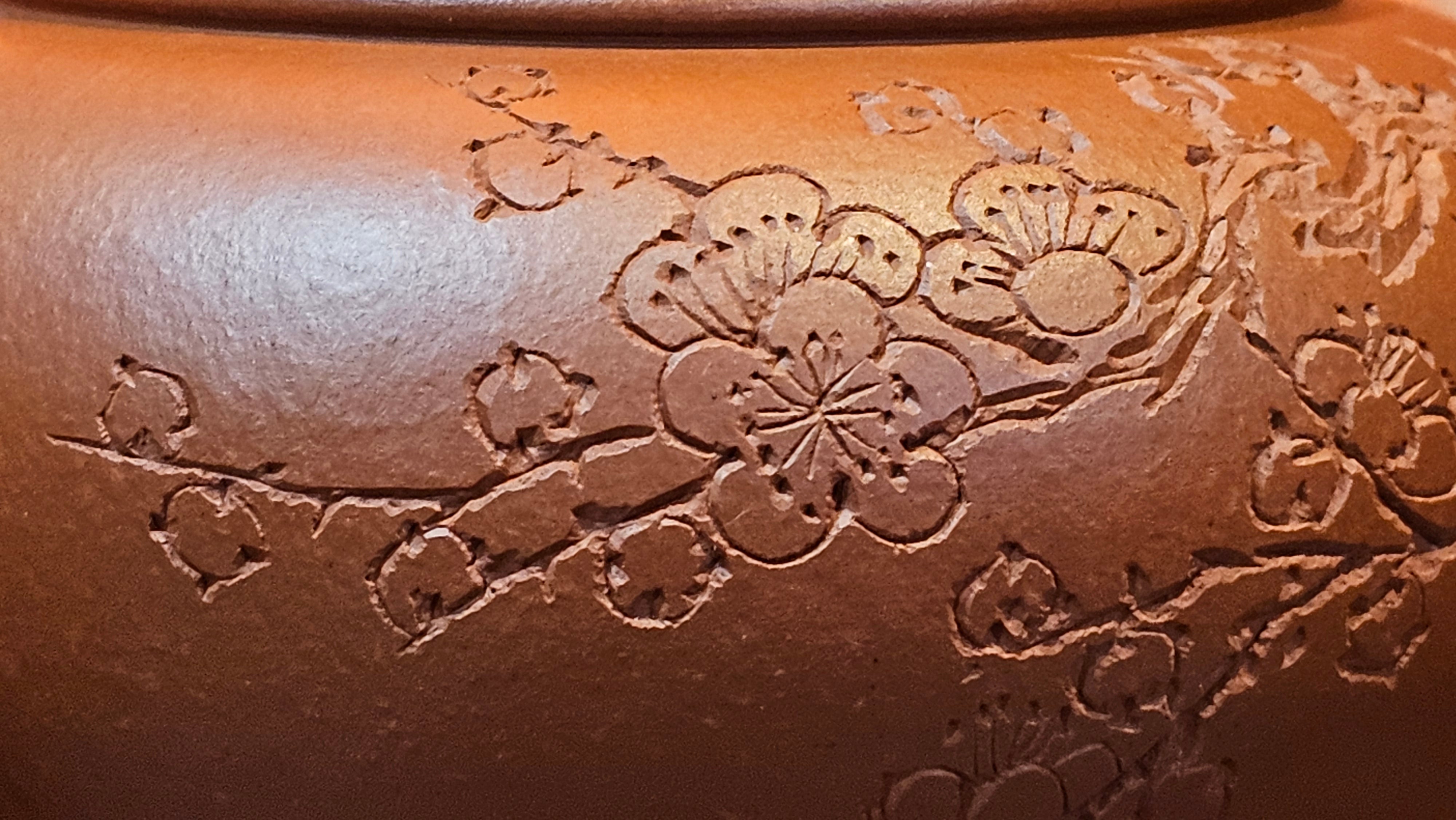 Shui Ping 水平, 155.8ml, Xiao Mei Yao Zhu Ni 小煤窑朱泥, by our Craftsman Chen Yue Fei 陈跃飞, Plum Blossoms Engraving by Craftsman Yi De Shu 一德书 ~ Congratulations!to Mr P.T.! 1410hrs 9th Nov 2025, Chandler! AZ!
