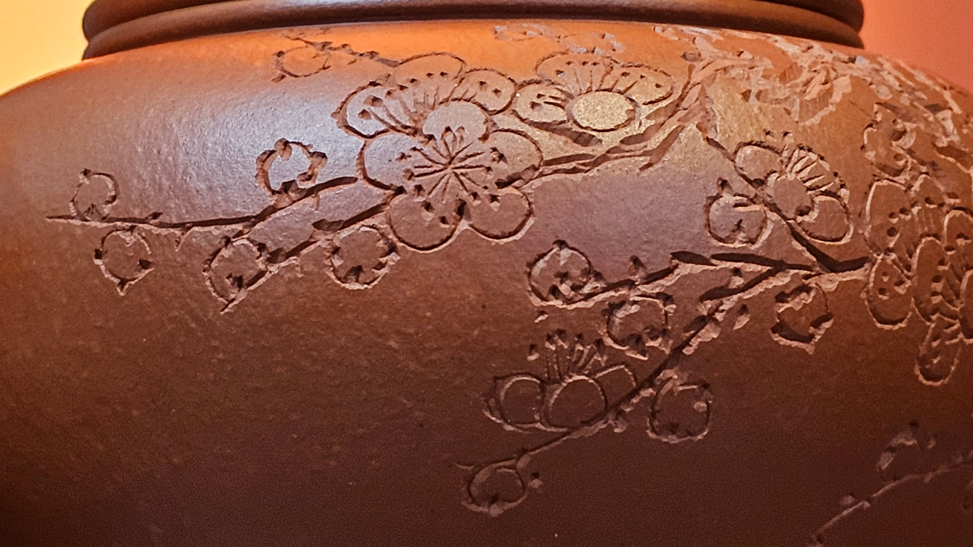 Shui Ping 水平, 155.8ml, Xiao Mei Yao Zhu Ni 小煤窑朱泥, by our Craftsman Chen Yue Fei 陈跃飞, Plum Blossoms Engraving by Craftsman Yi De Shu 一德书 ~ Congratulations!to Mr P.T.! 1410hrs 9th Nov 2025, Chandler! AZ!