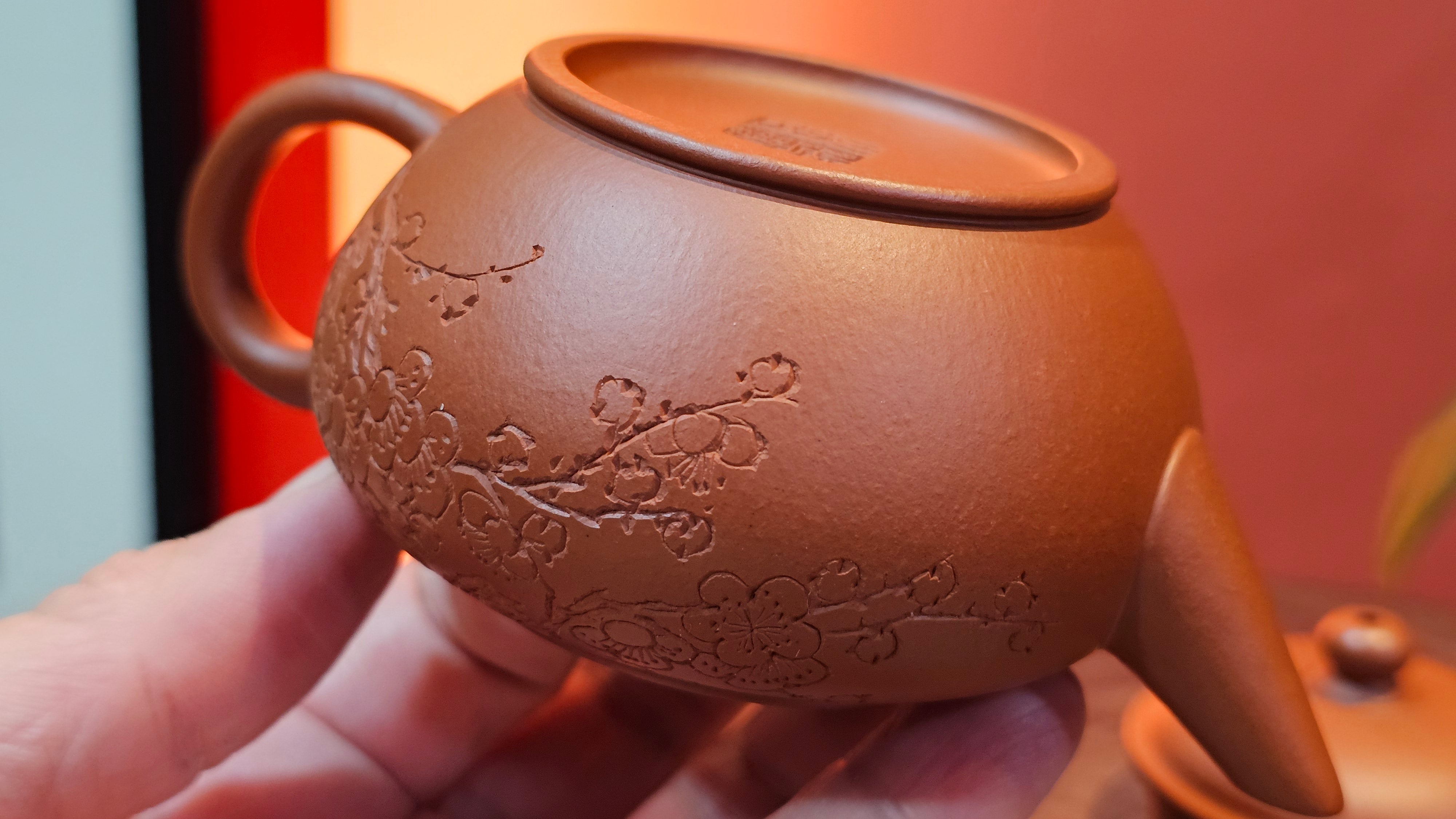 Shui Ping 水平, 155.8ml, Xiao Mei Yao Zhu Ni 小煤窑朱泥, by our Craftsman Chen Yue Fei 陈跃飞, Plum Blossoms Engraving by Craftsman Yi De Shu 一德书 ~ Congratulations!to Mr P.T.! 1410hrs 9th Nov 2025, Chandler! AZ!
