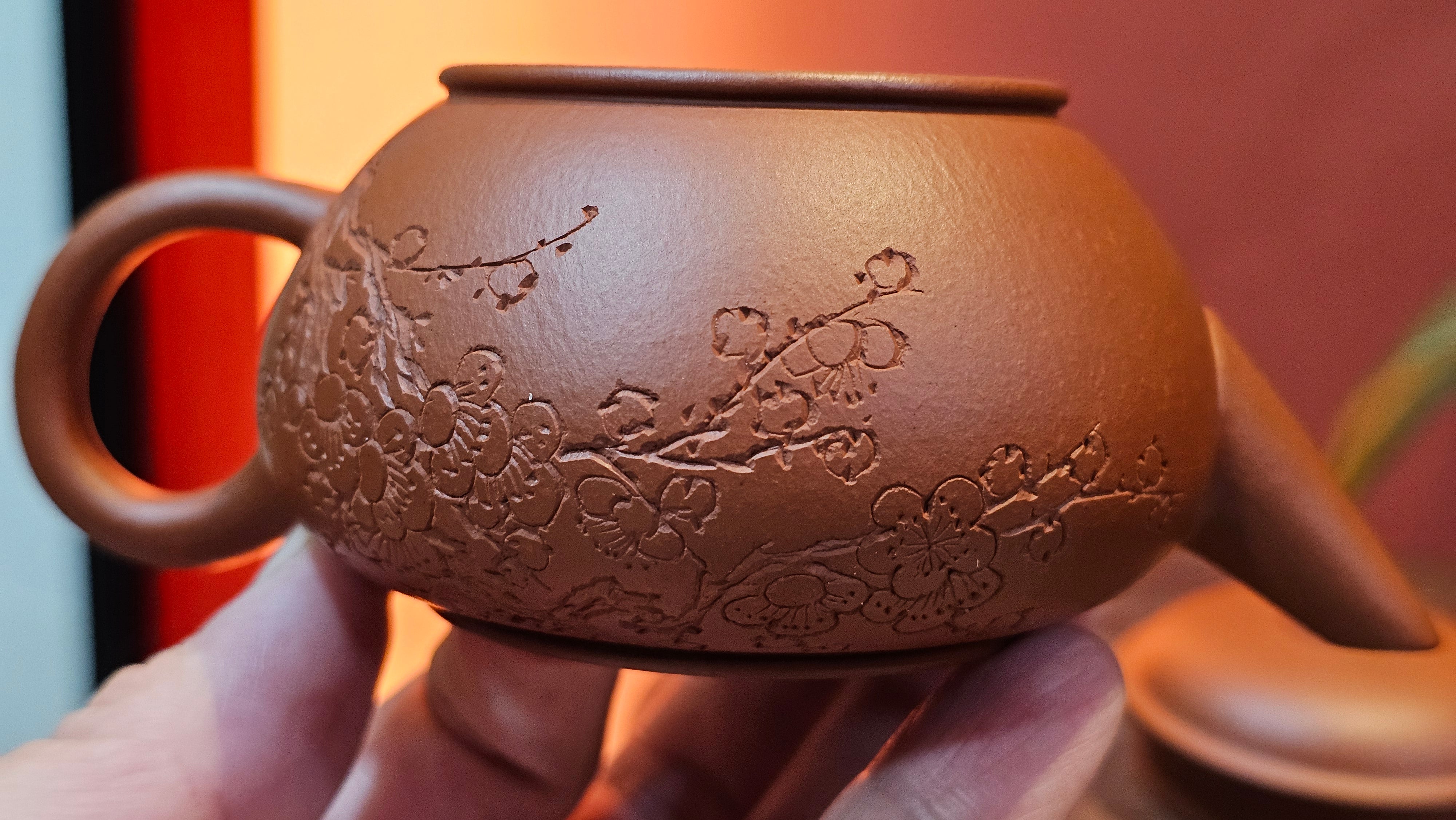 Shui Ping 水平, 155.8ml, Xiao Mei Yao Zhu Ni 小煤窑朱泥, by our Craftsman Chen Yue Fei 陈跃飞, Plum Blossoms Engraving by Craftsman Yi De Shu 一德书 ~ Congratulations!to Mr P.T.! 1410hrs 9th Nov 2025, Chandler! AZ!