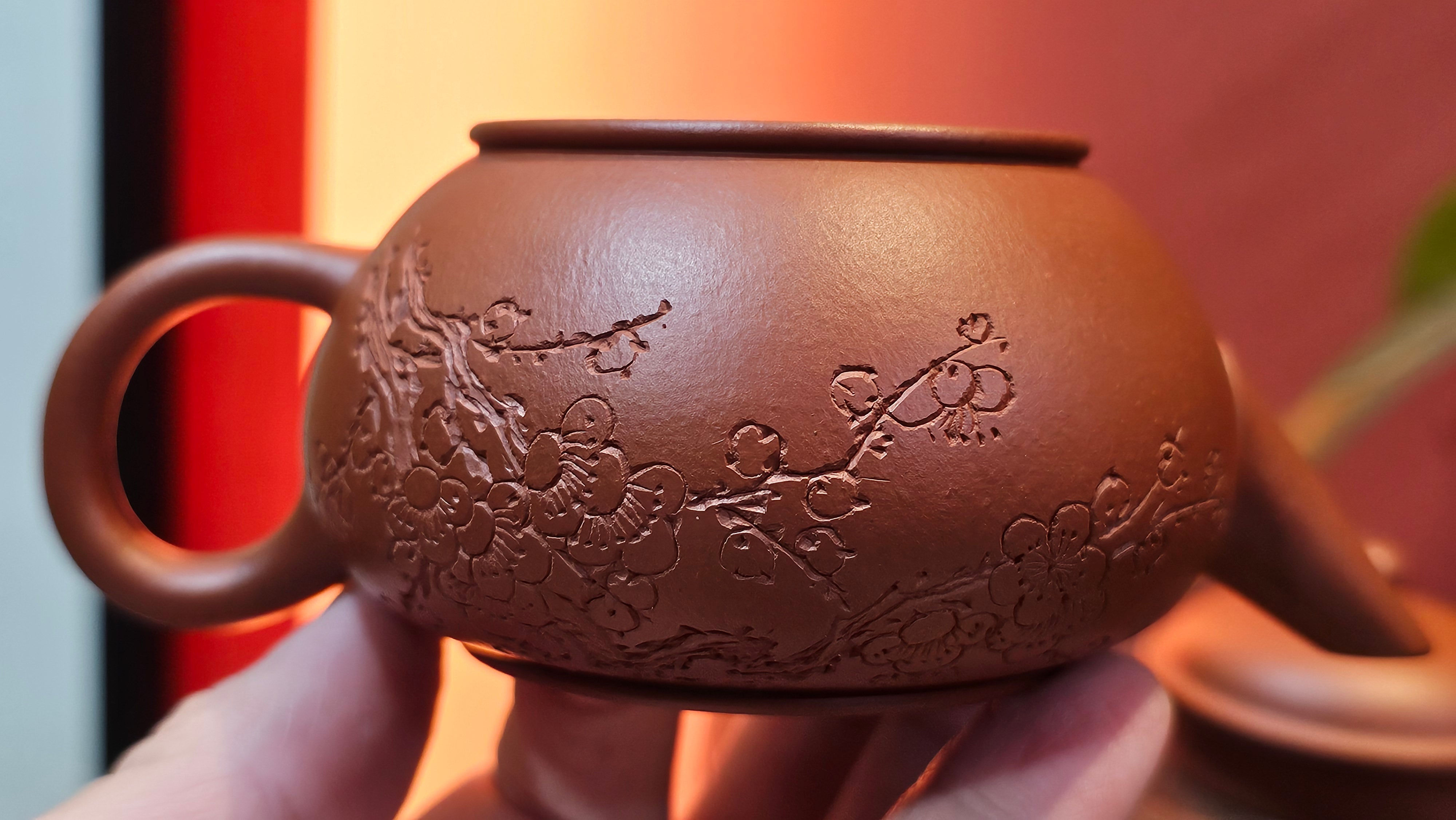 Shui Ping 水平, 155.5ml, Xiao Mei Yao Zhu Ni 小煤窑朱泥, by our Craftsman Chen Yue Fei 陈跃飞, Plum Blossoms Engraving by Craftsman Yi De Shu 一德书 ~!Congratulations to Mr A.D.P.! 1127hrs 12th Nov 2025, Forest! Belgium🇧🇪!